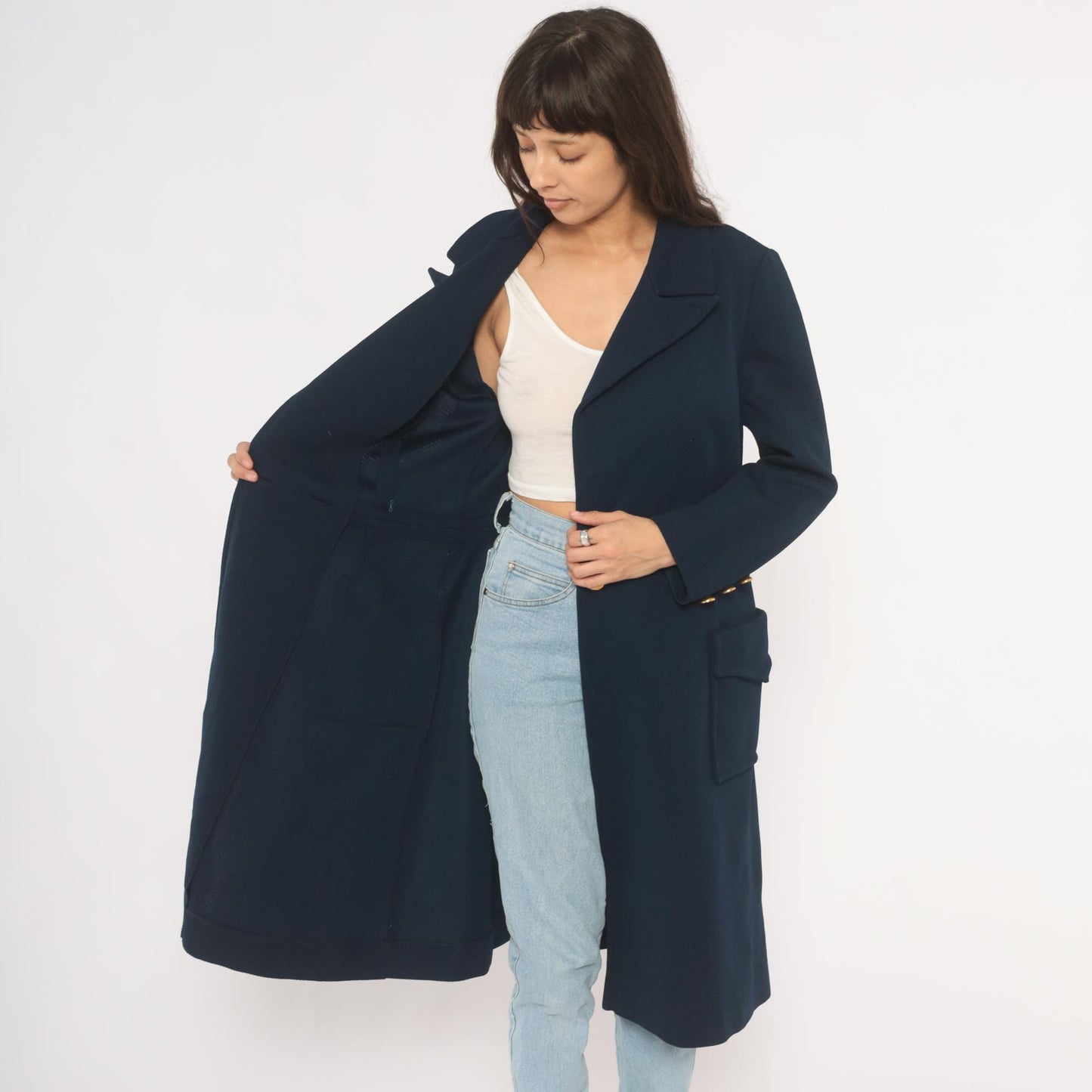 70s Butte Knit Navy Double Breasted Coat Gold Buttons Knee Length Large L