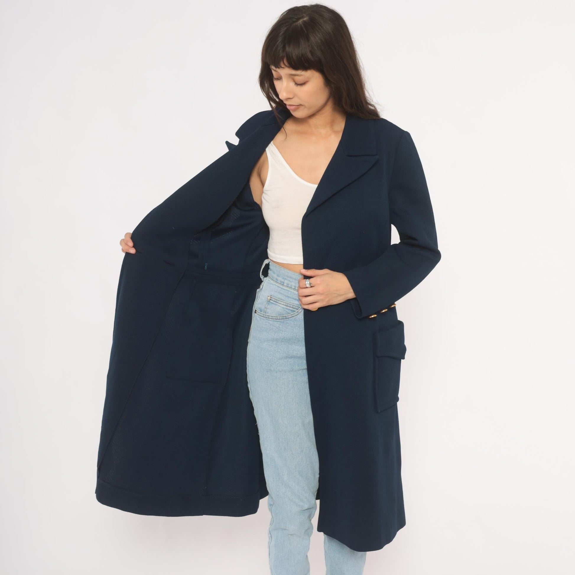70s Butte Knit Navy Double Breasted Coat Gold Buttons Knee Length Large L