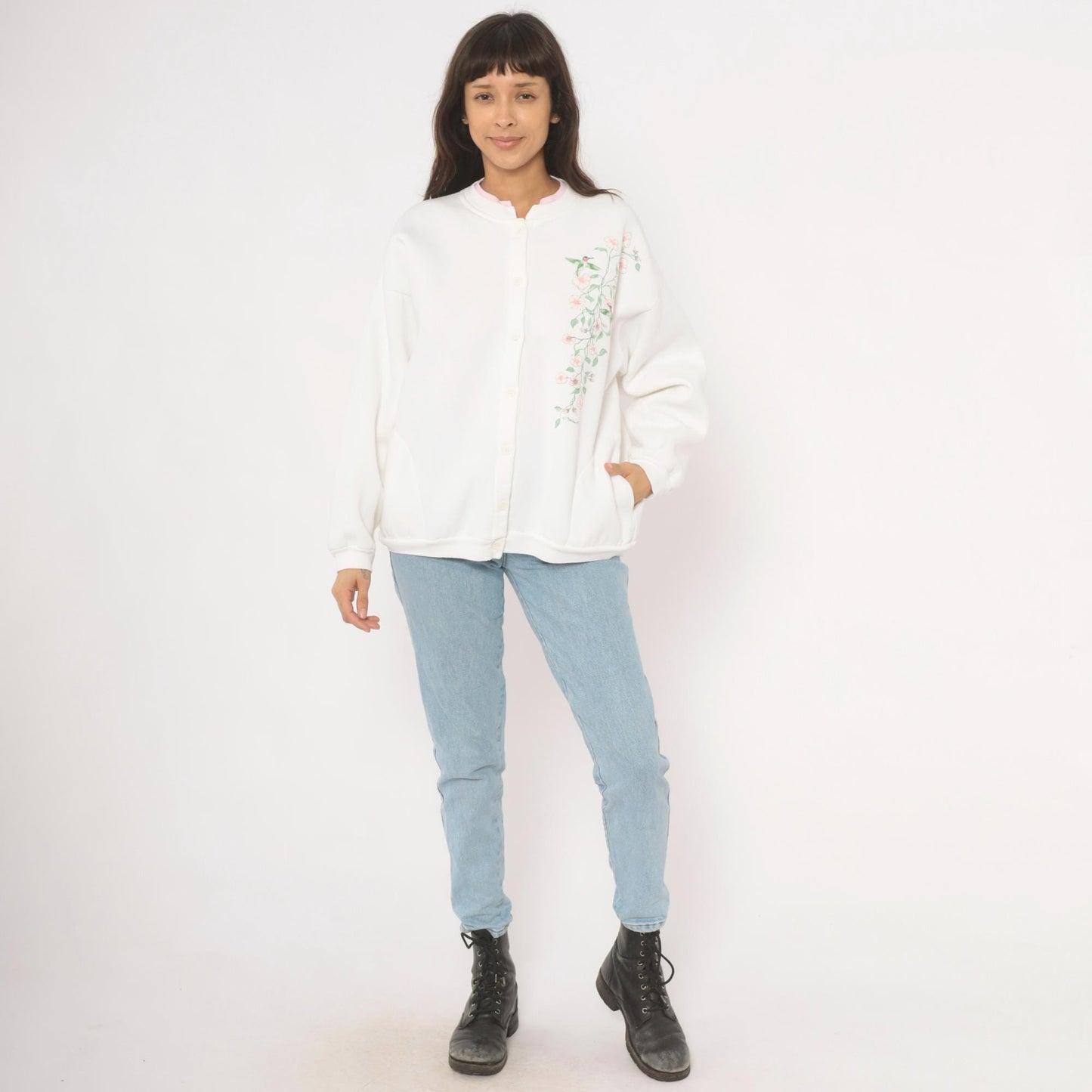 90s Artisans Hummingbird Floral Button Cardigan White Pink Cotton Large XL