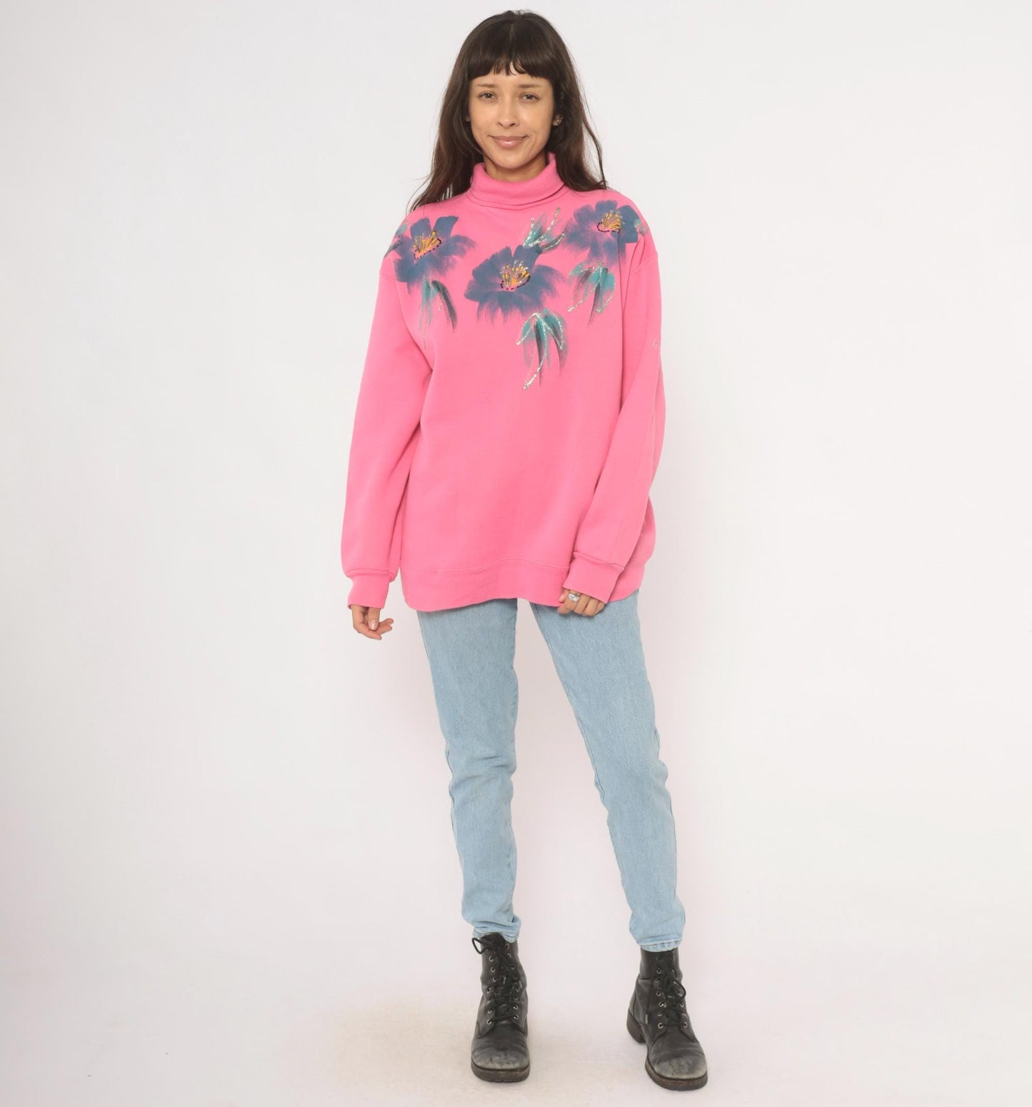 90s Tultex Pink Turtleneck Sweatshirt Floral Hand-Painted Glitter Extra Large XL