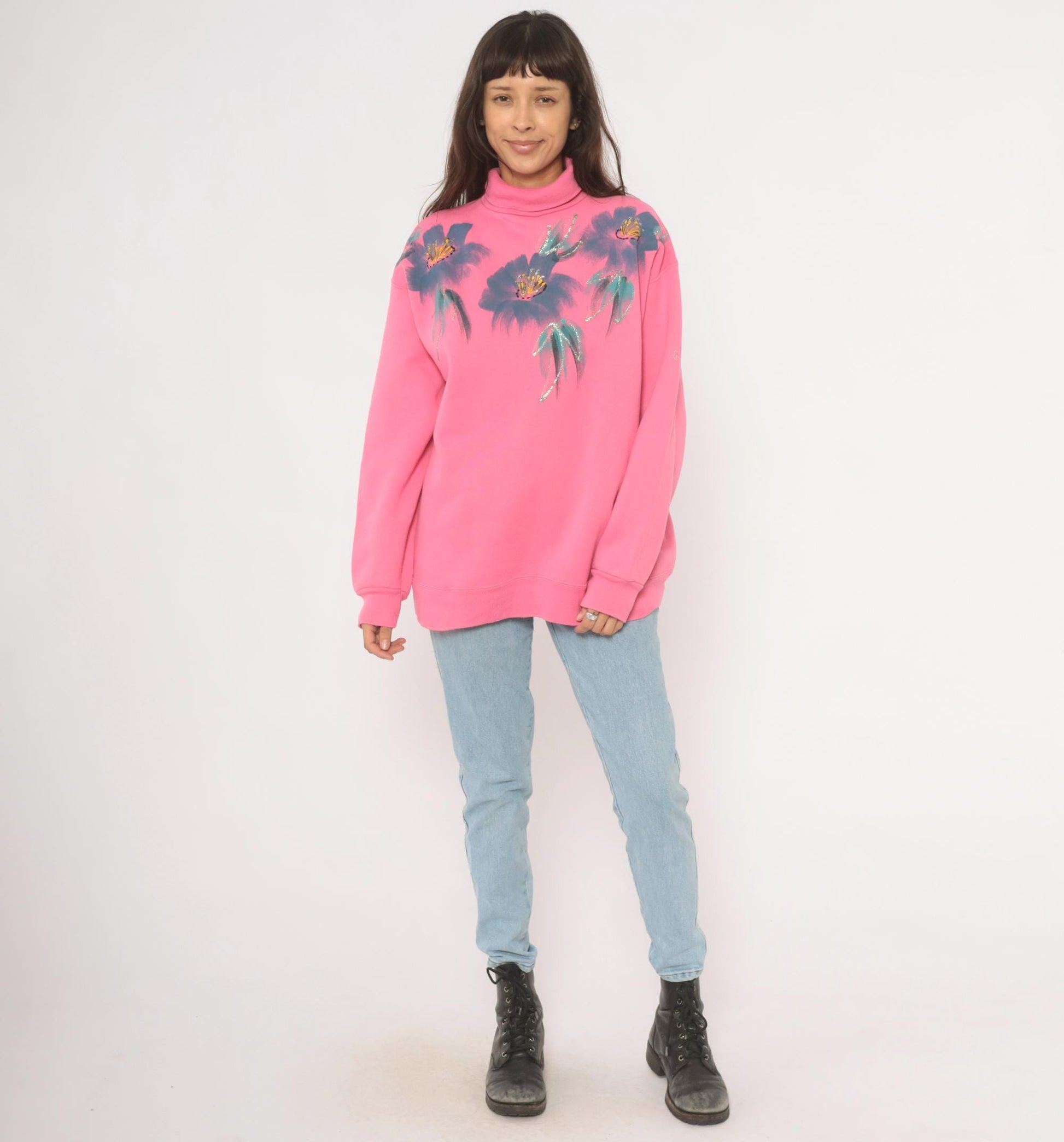 90s Tultex Pink Turtleneck Sweatshirt Floral Hand-Painted Glitter Extra Large XL