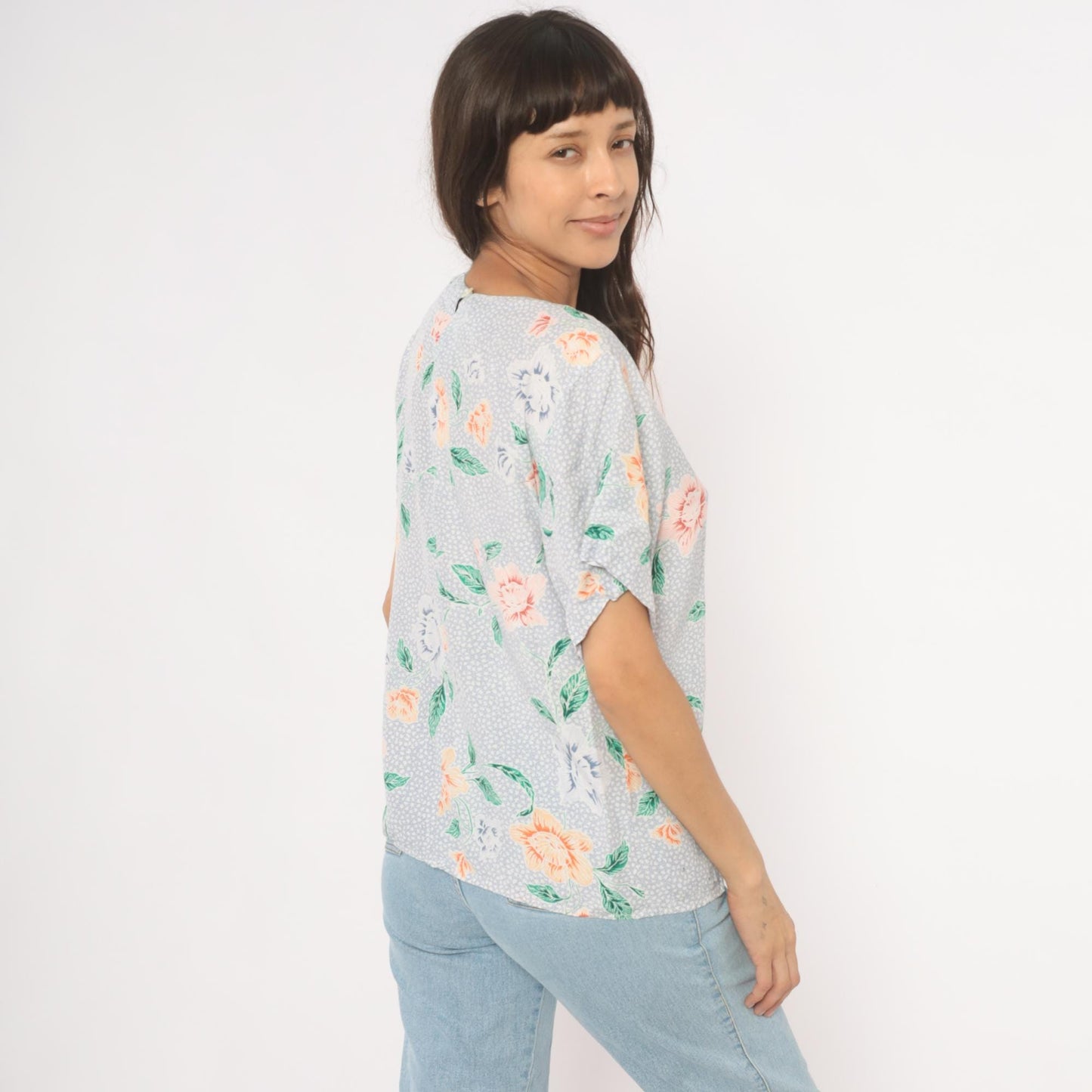 90s JH Collectibles Botanical Floral Blouse Lavender Periwinkle Medium M