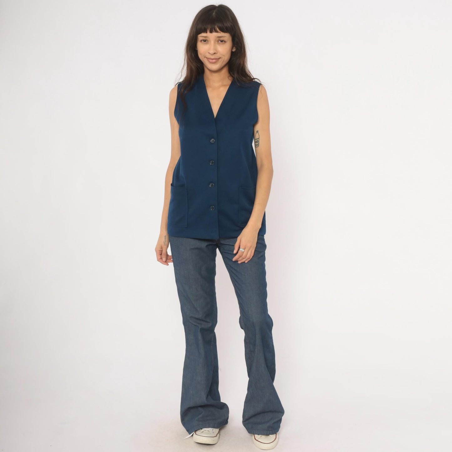 70s Navy Button Front Vest V Neck Longline Knit Top Medium M