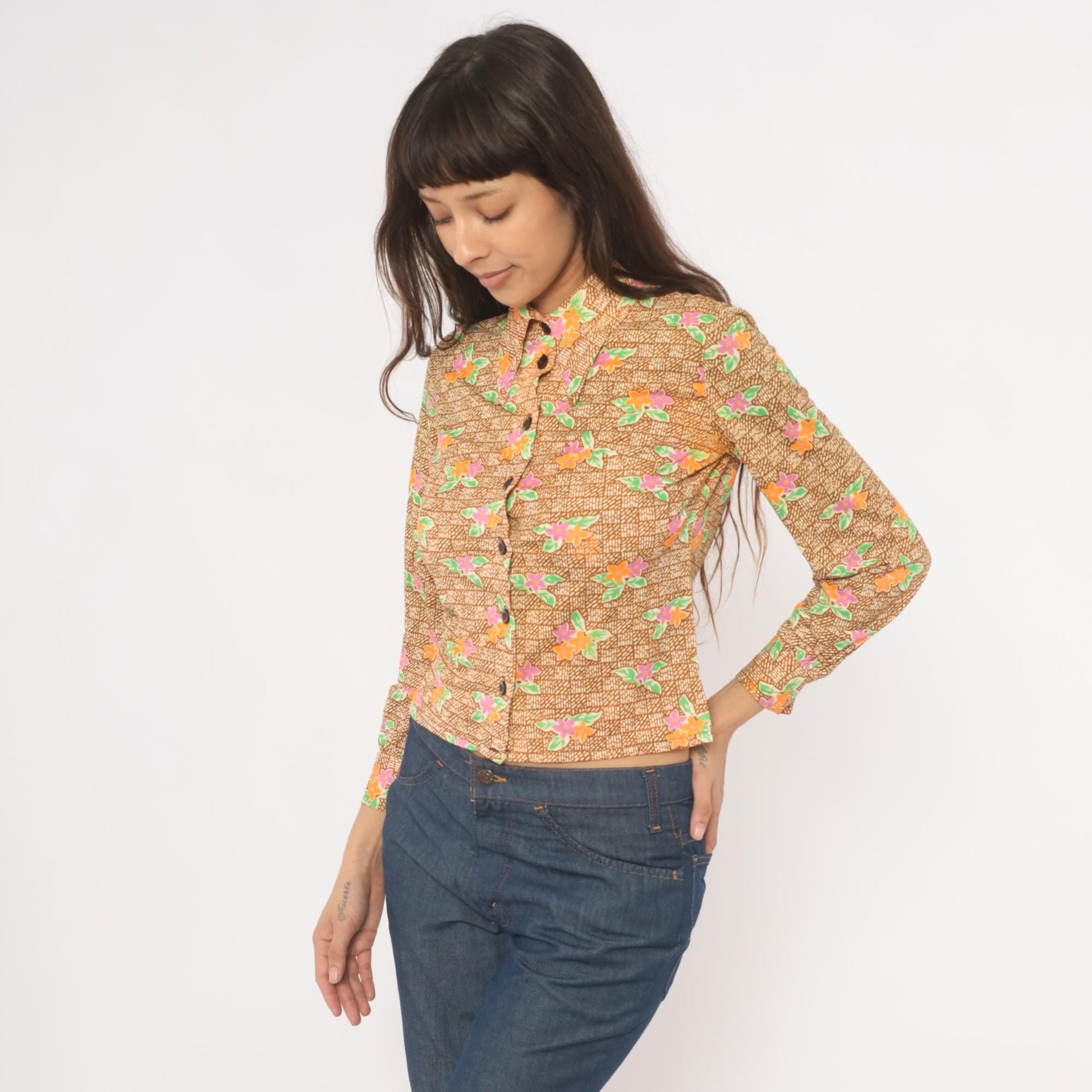 70s Floral Button-Up Blouse Pointed Collar Brown Pink Orange Green Small