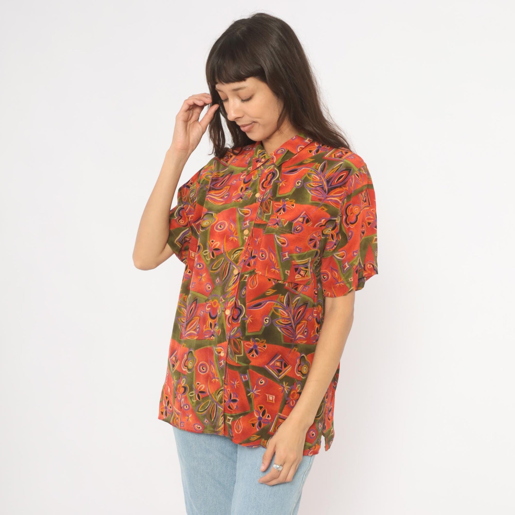 90s Quo-Silk Abstract Patchwork Silk Shirt Orange Olive Purple Camp Collar Medium