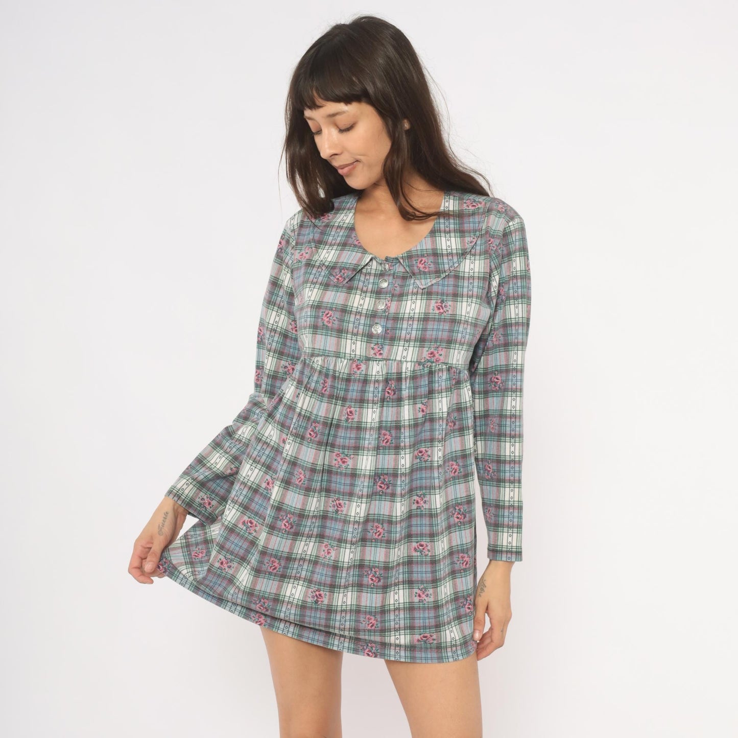 90s New Addition Maternity Floral Plaid Mini Dress Peter Pan Collar Pink Medium M