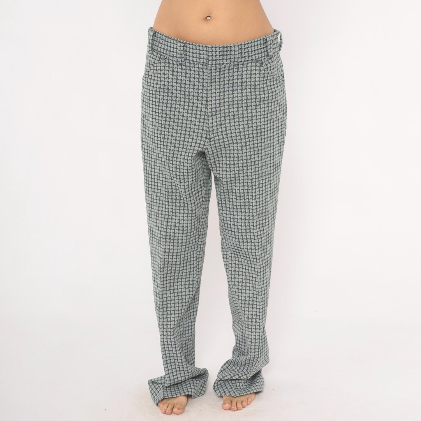 70s Houndstooth Trousers Blue Grey High Rise Straight Leg Slacks 35