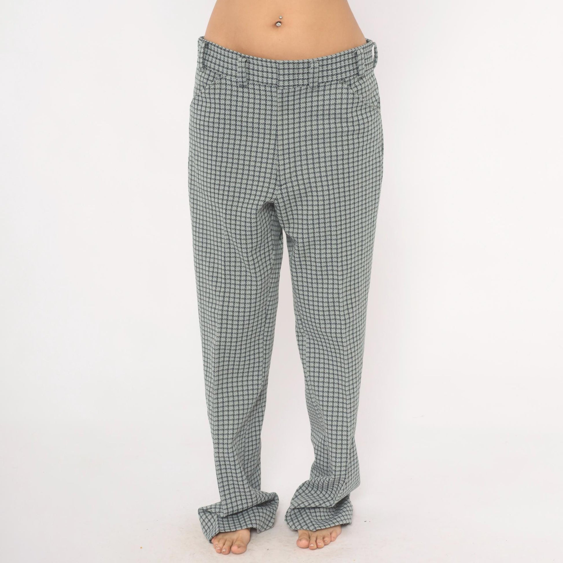 70s Houndstooth Trousers Blue Grey High Rise Straight Leg Slacks 35