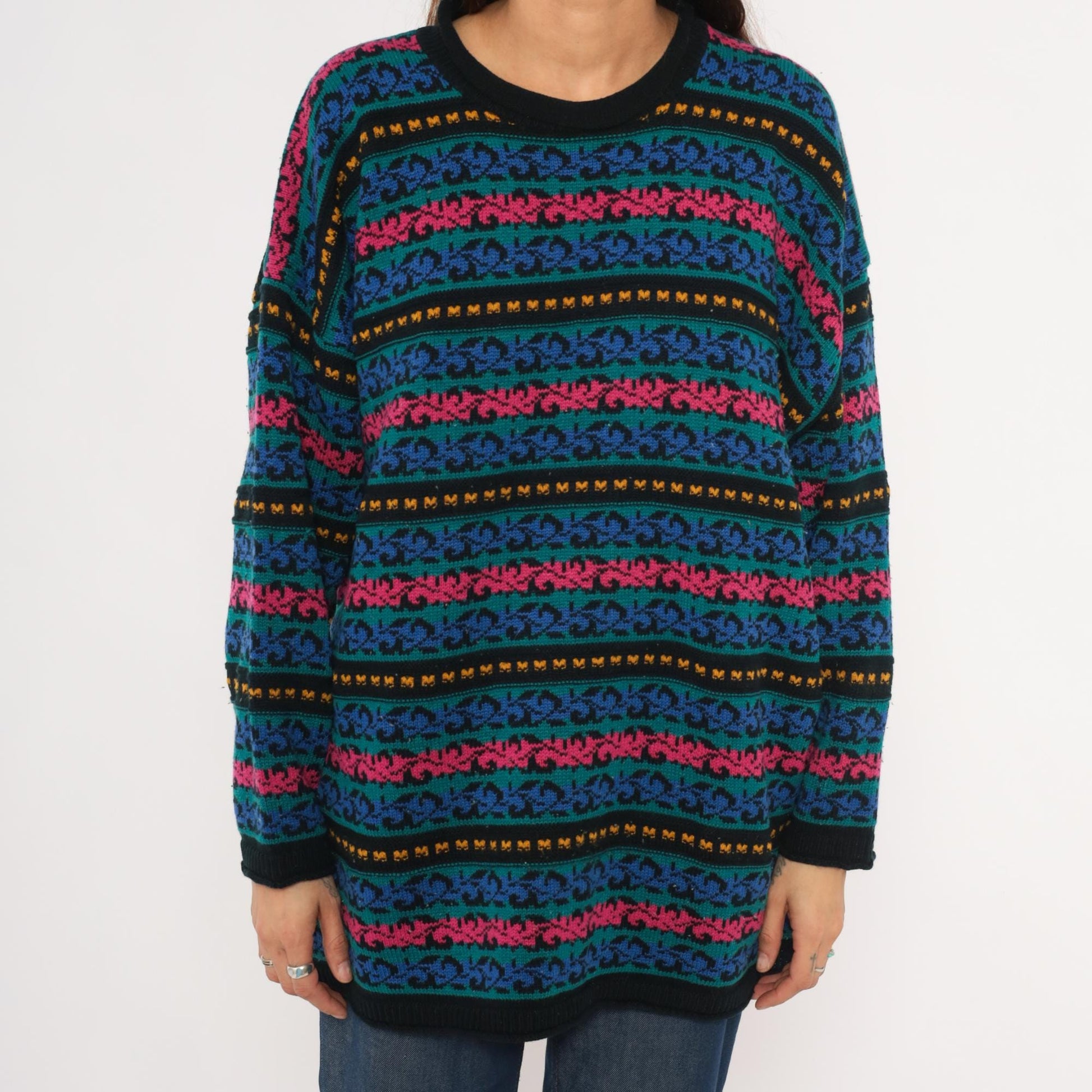 90s Jacque & Koko Jacquard Knit Sweater Teal Scroll Pattern Crew Neck Extra Large XL