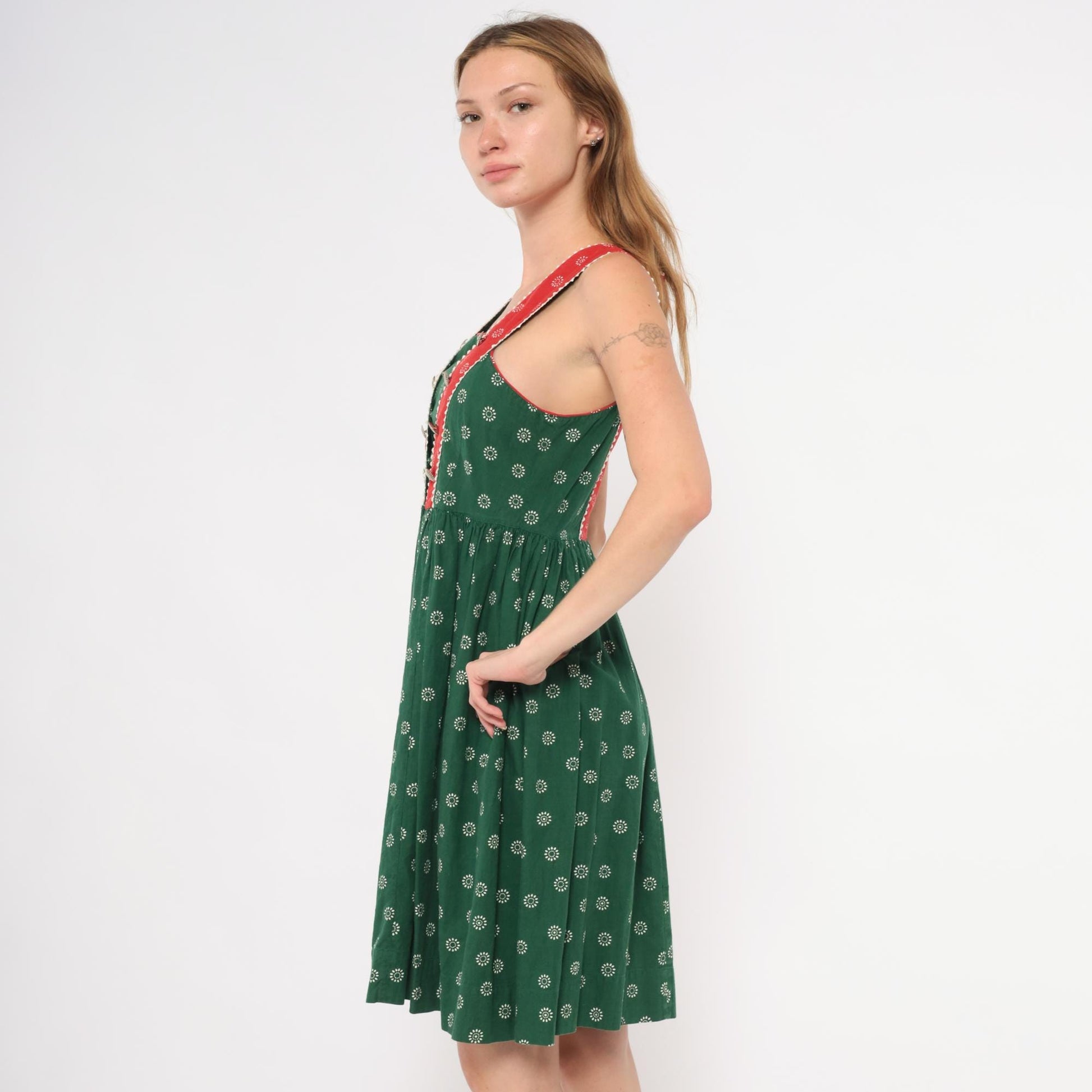 60s Muchner Kindermoden Dirndl Dress Green Floral Red Bodice Square Neck Extra Small