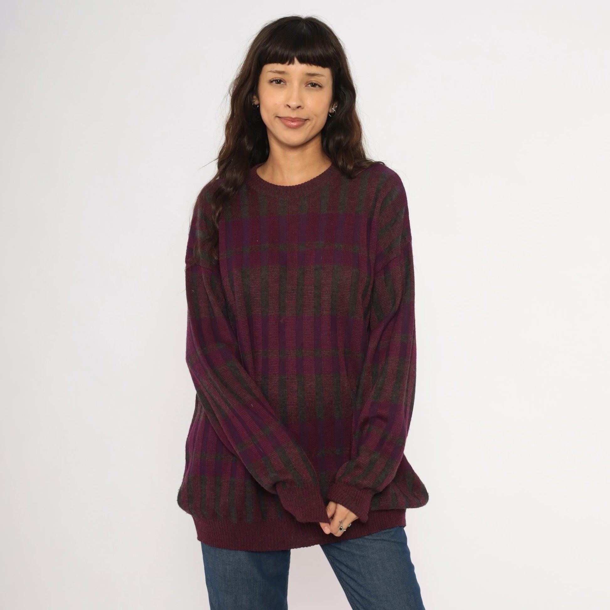 80s Gea Plaid Knit Sweater Burgundy Purple Grey Crewneck Extra Large XL