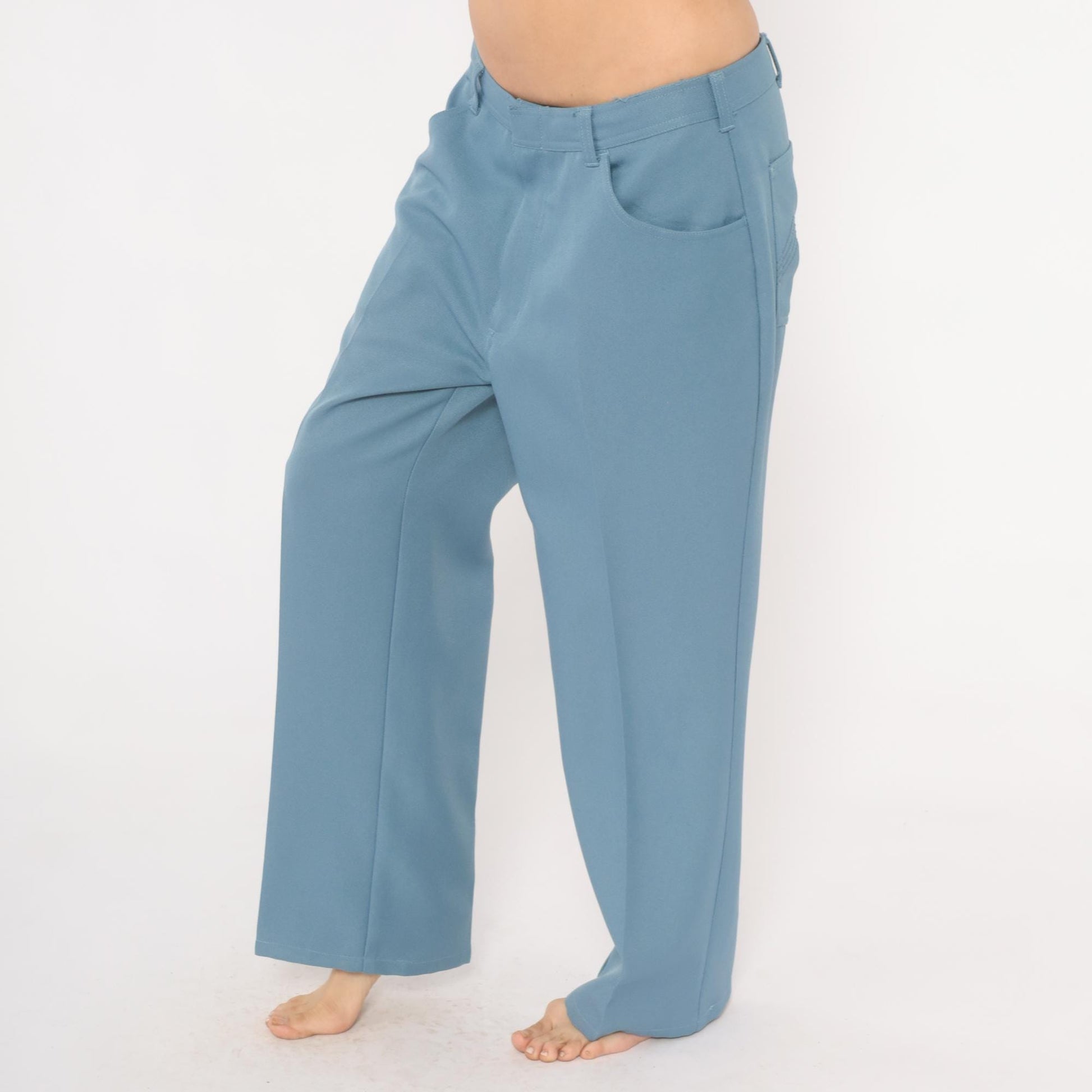 70s Scandia Woods Slate Blue Straight Leg Trousers Flat Front Chevron Stitch Mens 36