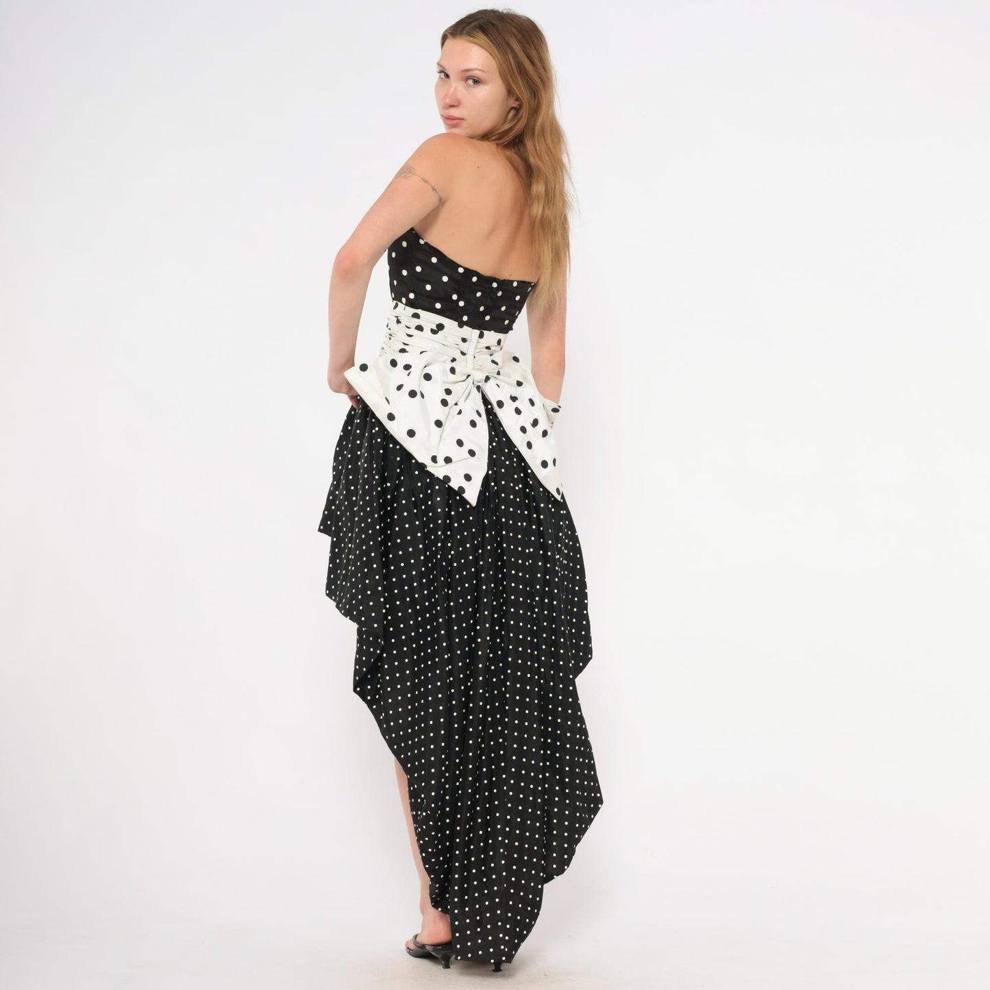 80s Jessica McClintock Gunne Sax Polka Dot Strapless Gown Black White Extra Small XS