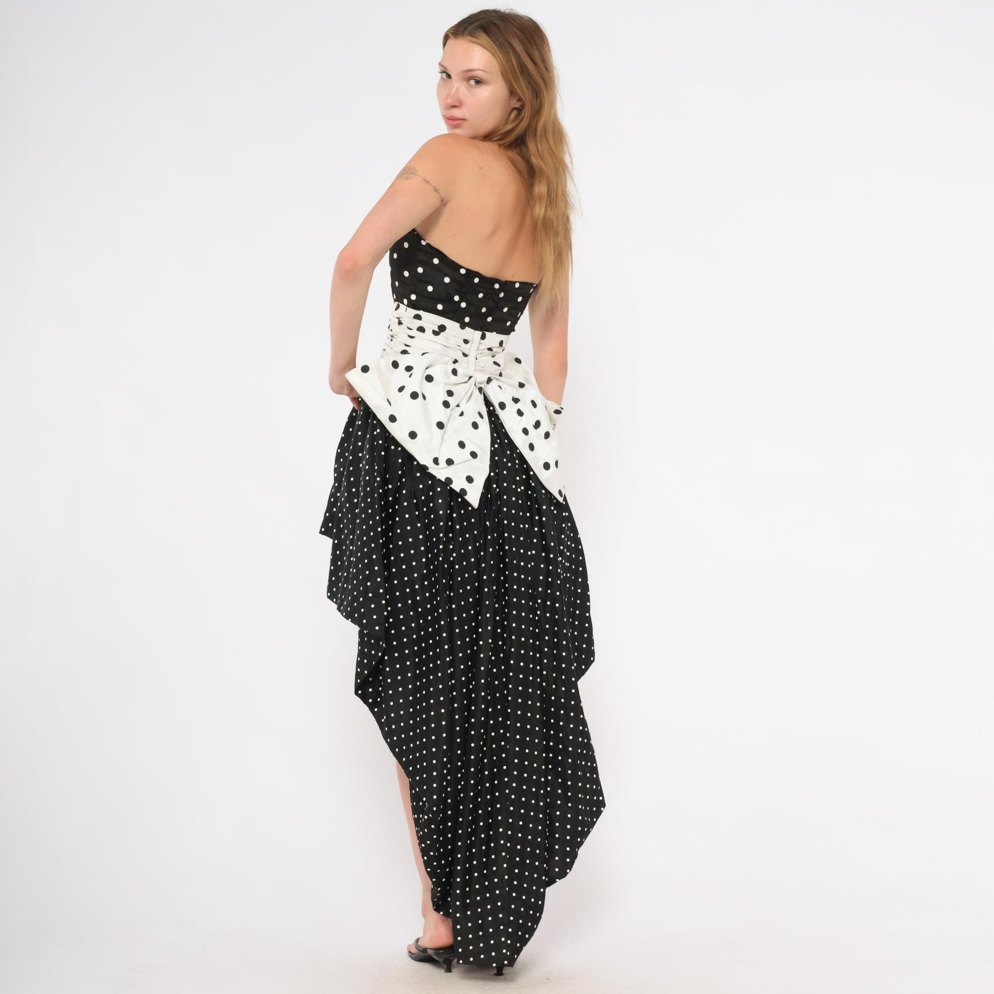 80s Jessica McClintock Gunne Sax Polka Dot Strapless Gown Black White Extra Small XS