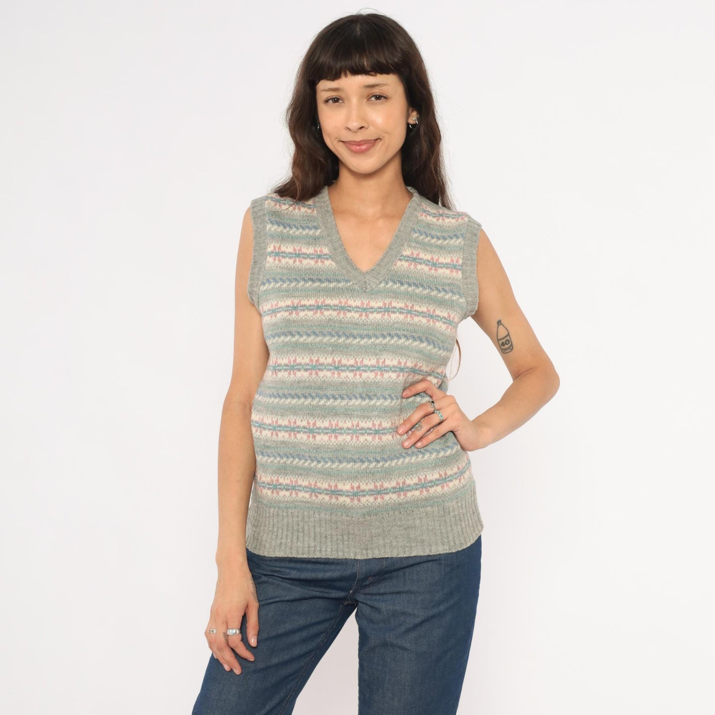 80s JJ McWays Fair Isle Sweater Vest Wool Blend Grey Pink Blue Small