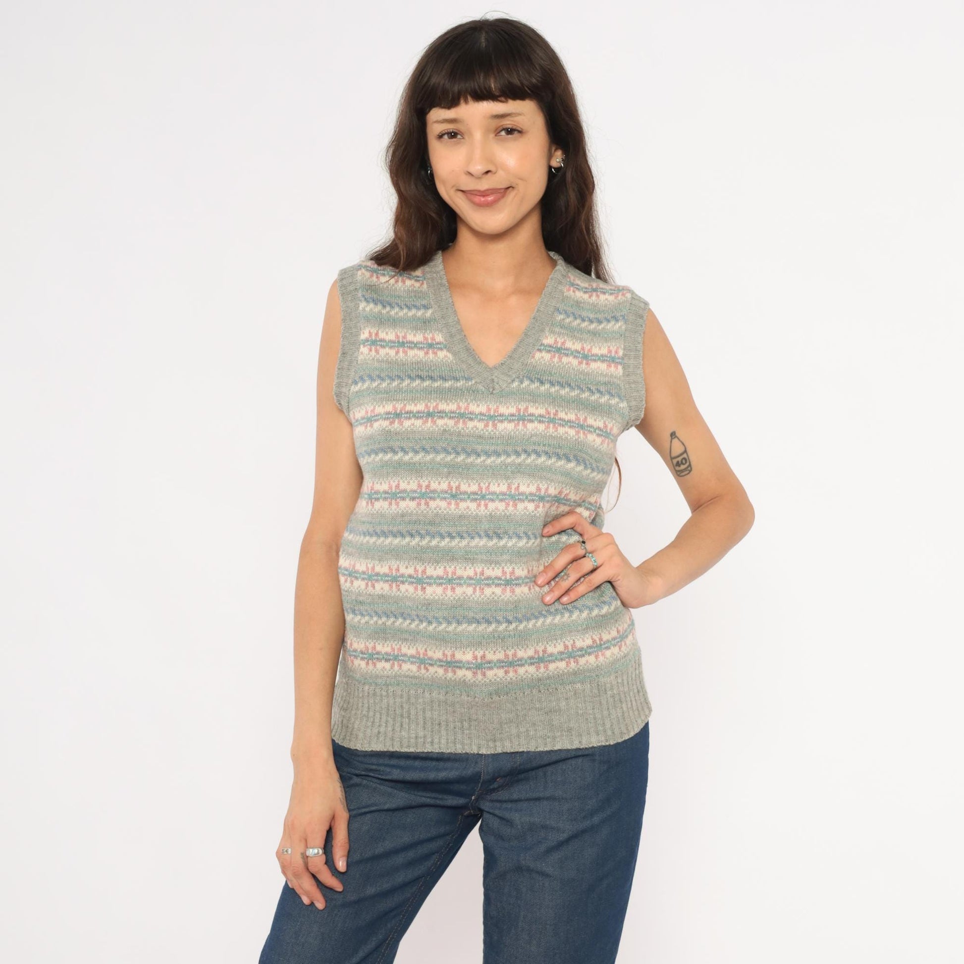 80s JJ McWays Fair Isle Sweater Vest Wool Blend Grey Pink Blue Small