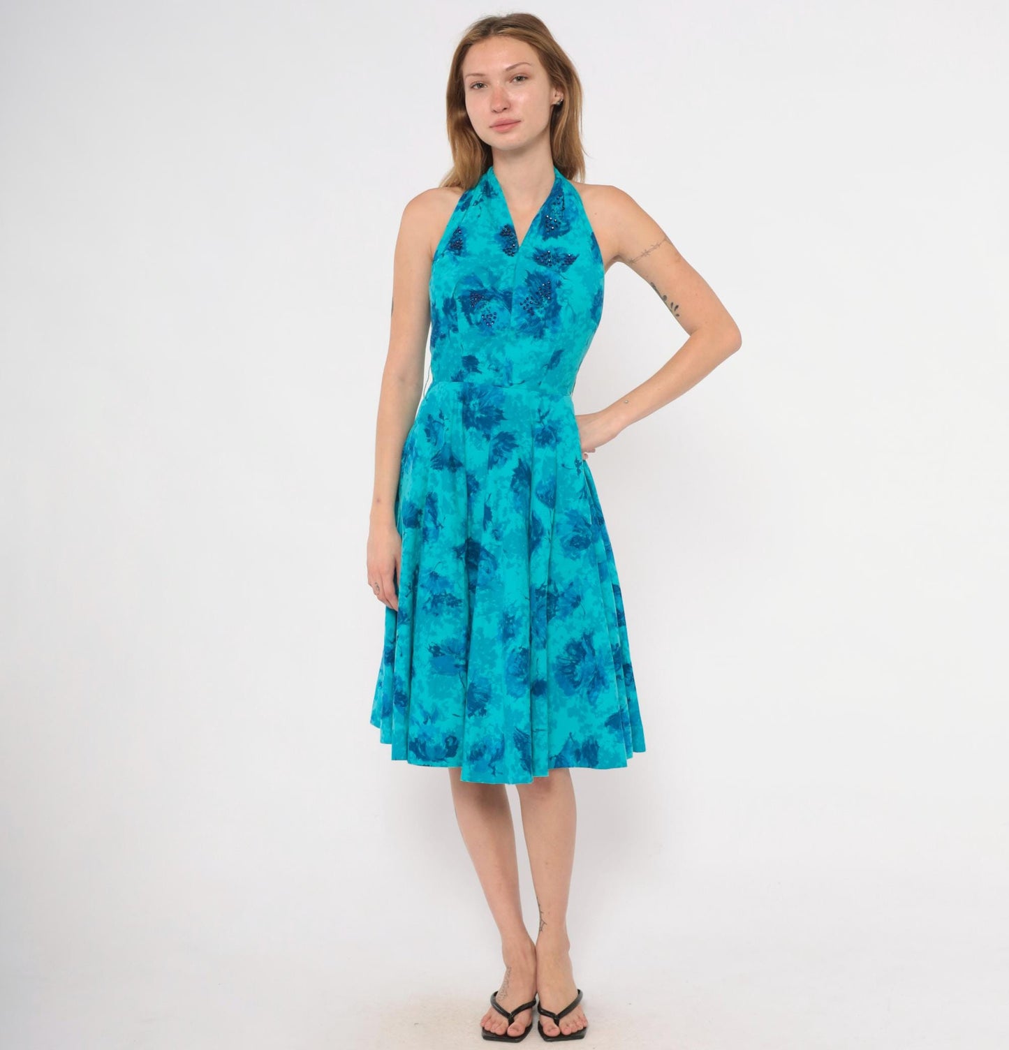 1950s Makoff Halter Dress Turquoise Floral Rhinestone Pleated Circle Skirt Extra Small XS