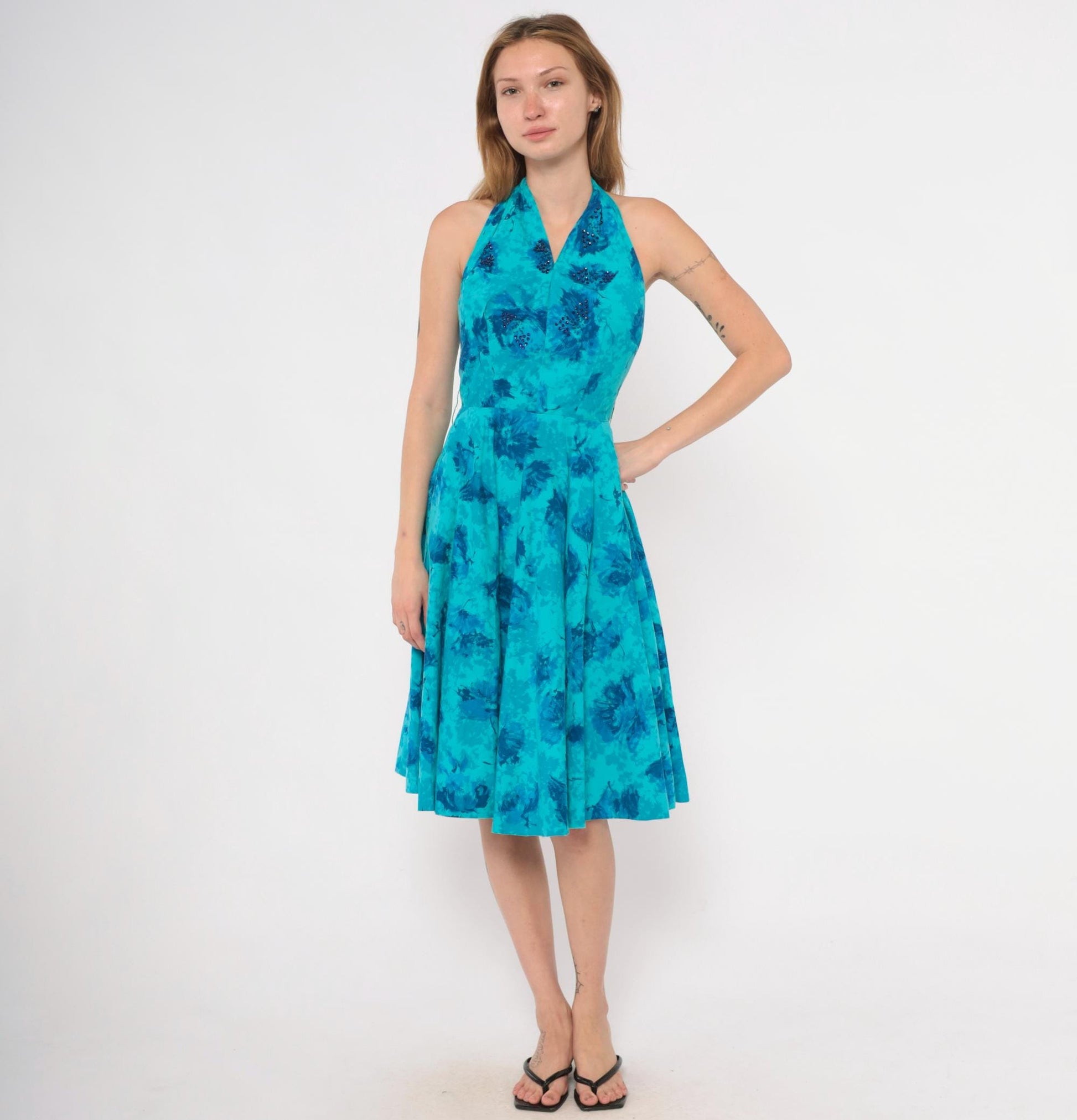 1950s Makoff Halter Dress Turquoise Floral Rhinestone Pleated Circle Skirt Extra Small XS