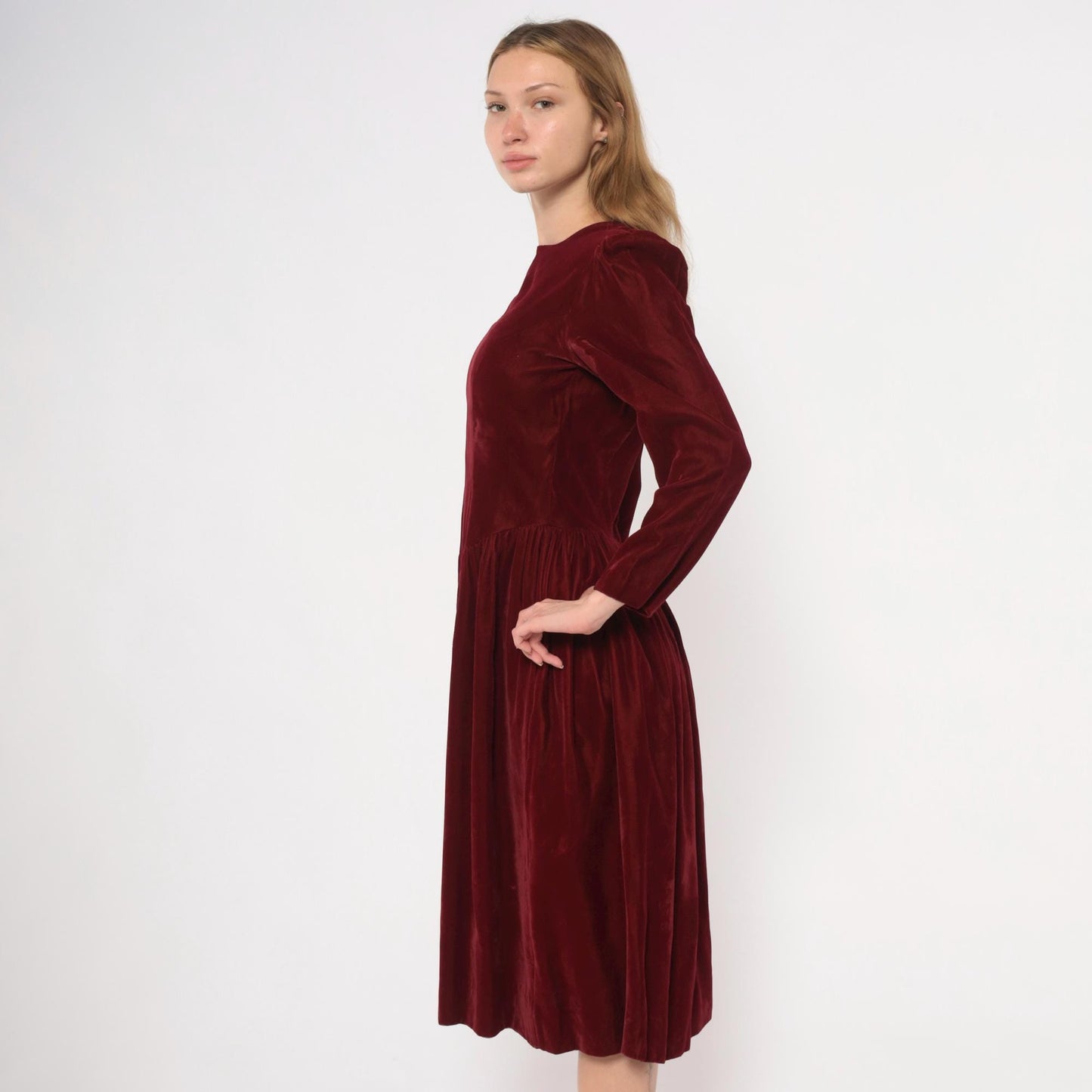70s Burgundy Velvet Midi Dress Puff Sleeve Fitted Waist Small