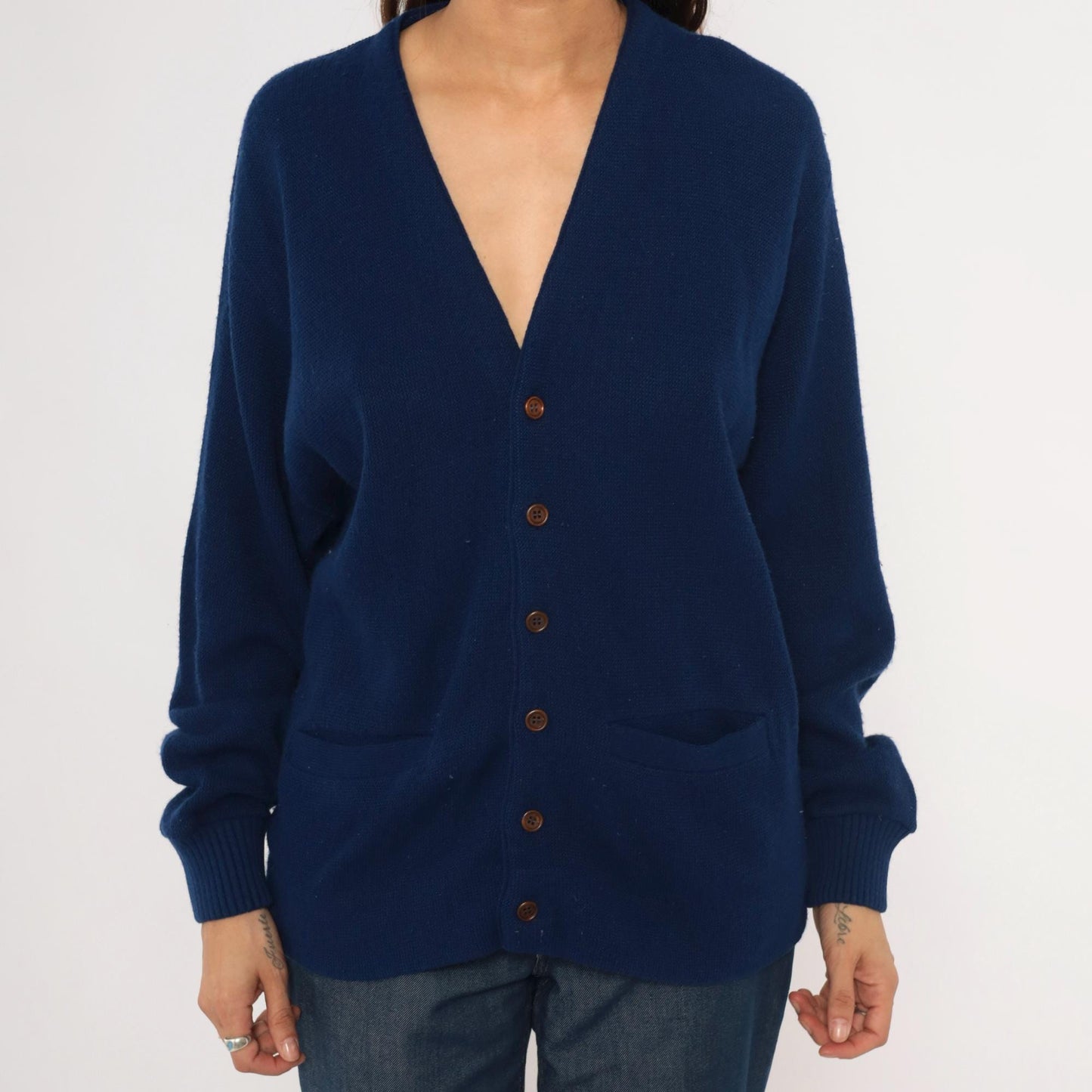 70s Navy Button Front Cardigan V Neck Patch Pocket Knit Small