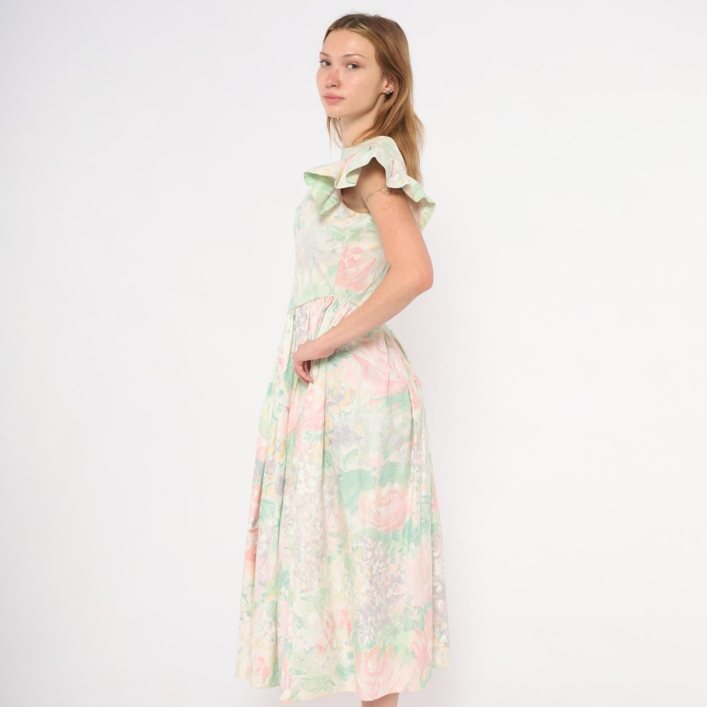 90s JCPenney Floral Midi Dress Watercolor Rose Basque Waist Flutter Sleeve Small S