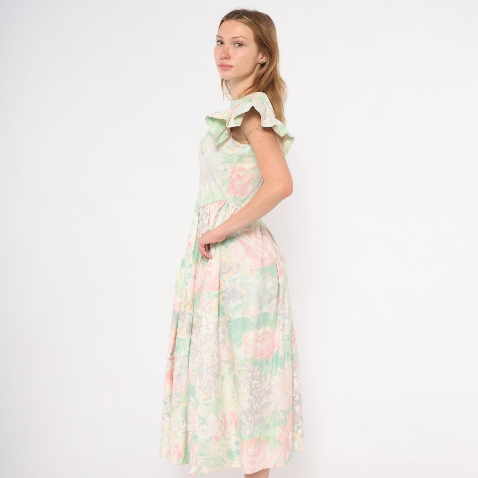90s JCPenney Floral Midi Dress Watercolor Rose Basque Waist Flutter Sleeve Small S