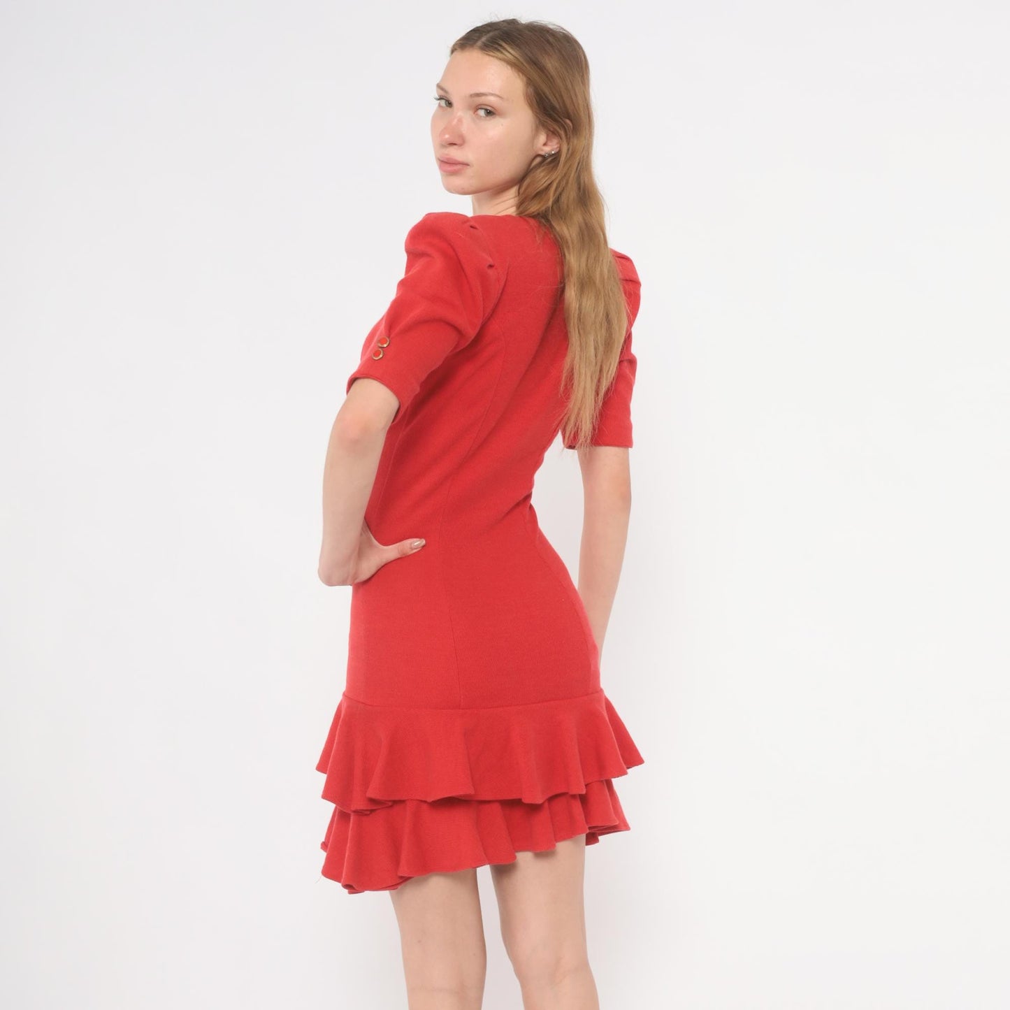 80s All That Jazz Red Mini Dress Double Breasted Puff Sleeve V Neck Gold Ruffle Extra Small XS