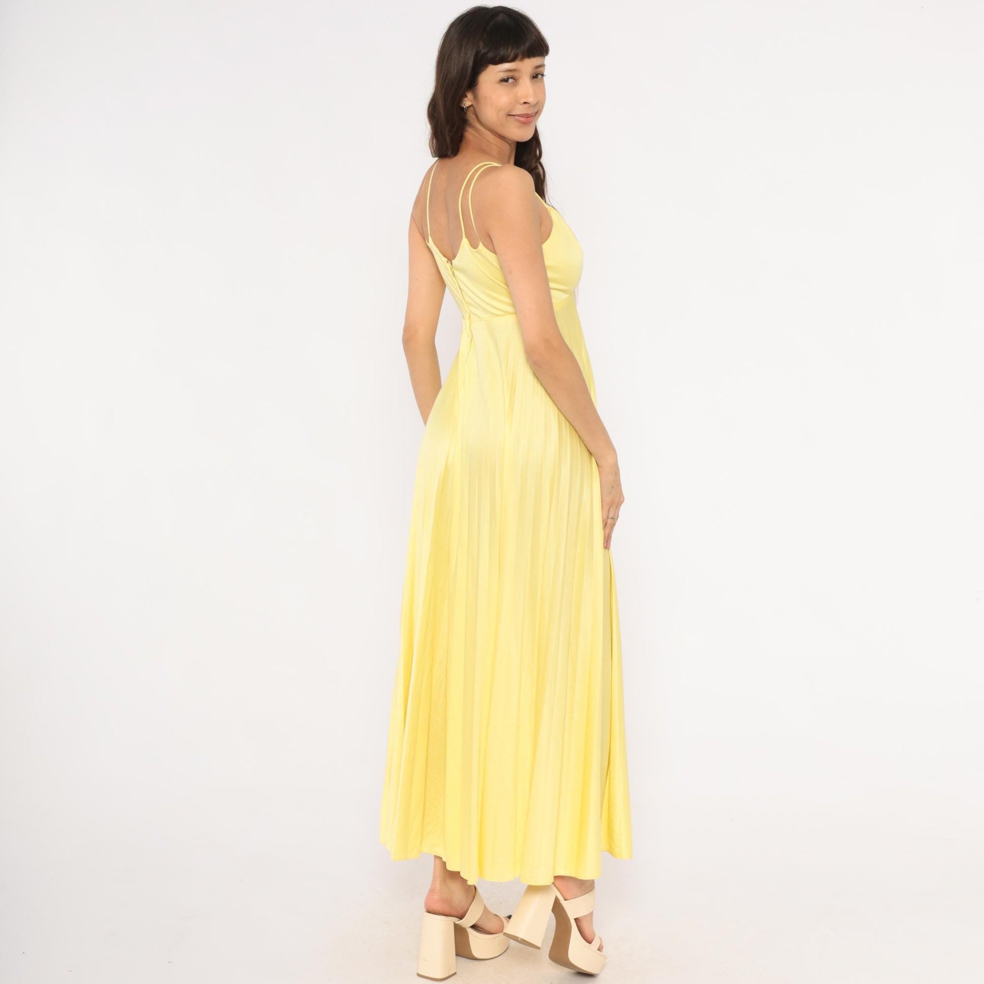 70s Yellow Pleated Maxi Dress Empire Waist Accordion Pleat Surplice Small