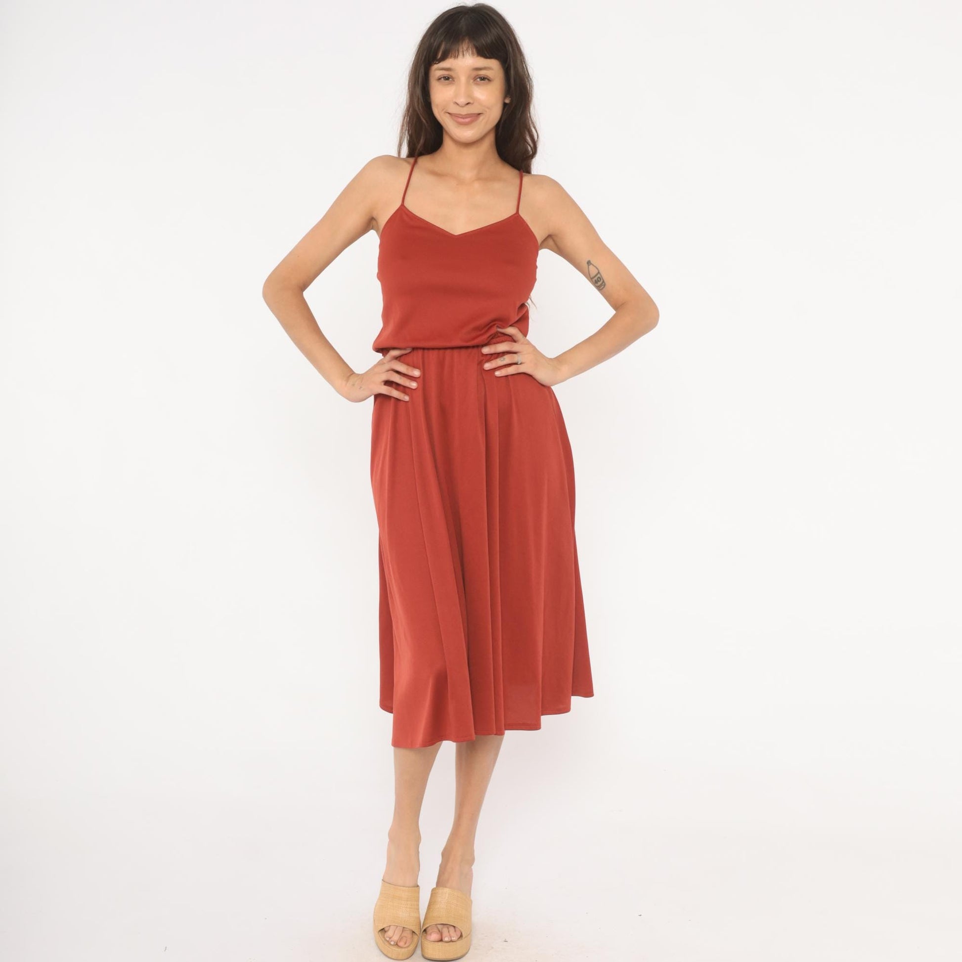 70s Niki Rust Midi Sundress V Neck Blouson Waist Flared Skirt Extra Small XS