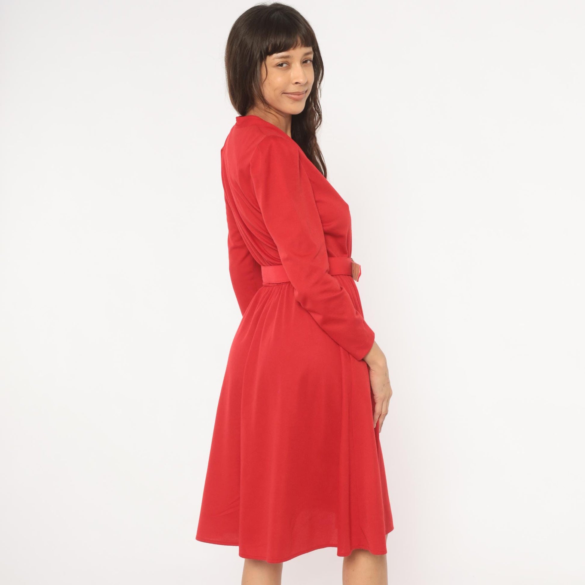 80s Tabby of California Red Day Dress Puff Sleeve V-Neck Gold Buttons Small S