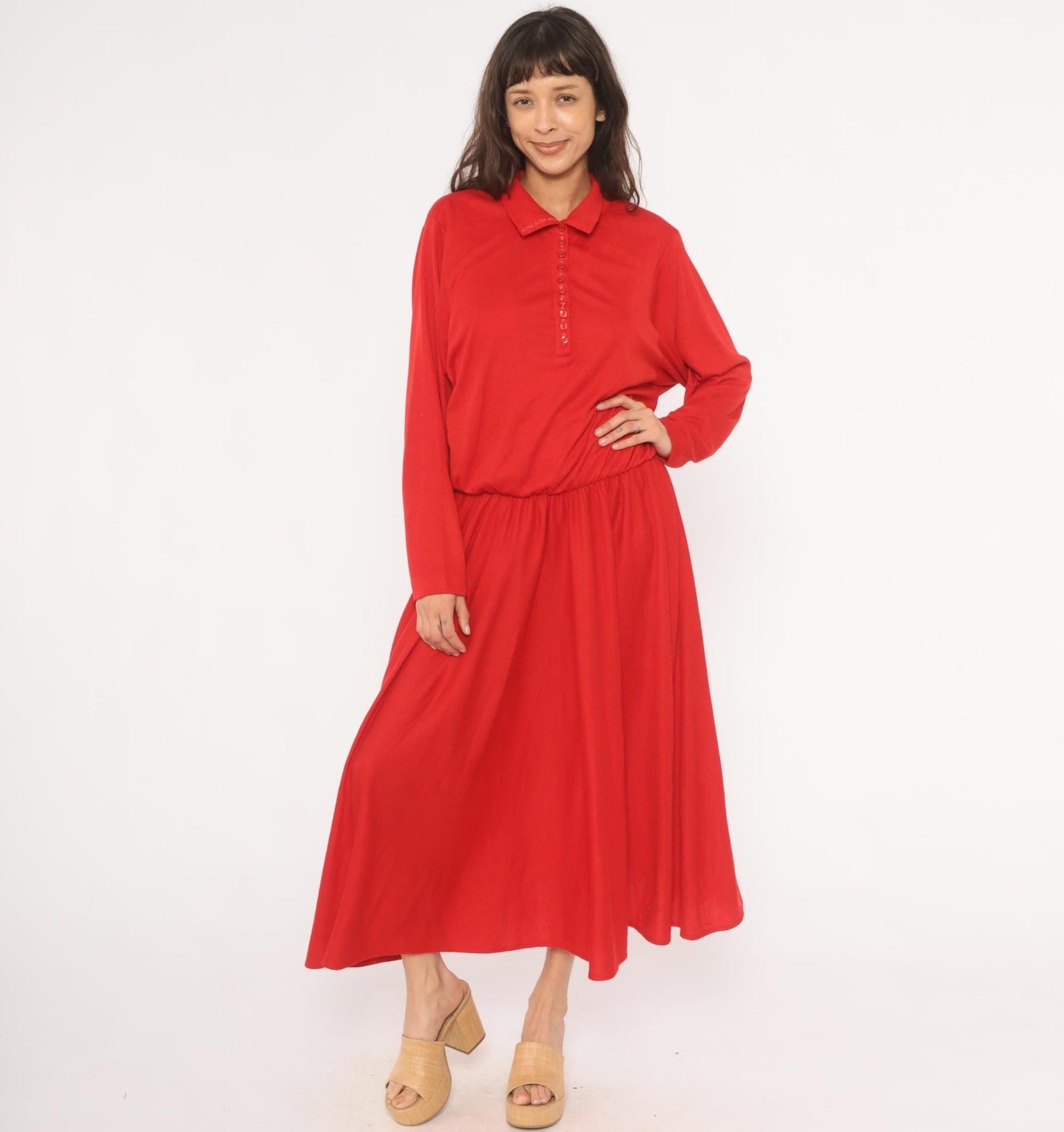 90s Positive Attitude Red Polo Dress Maxi Gathered Waist Long Sleeve Large L
