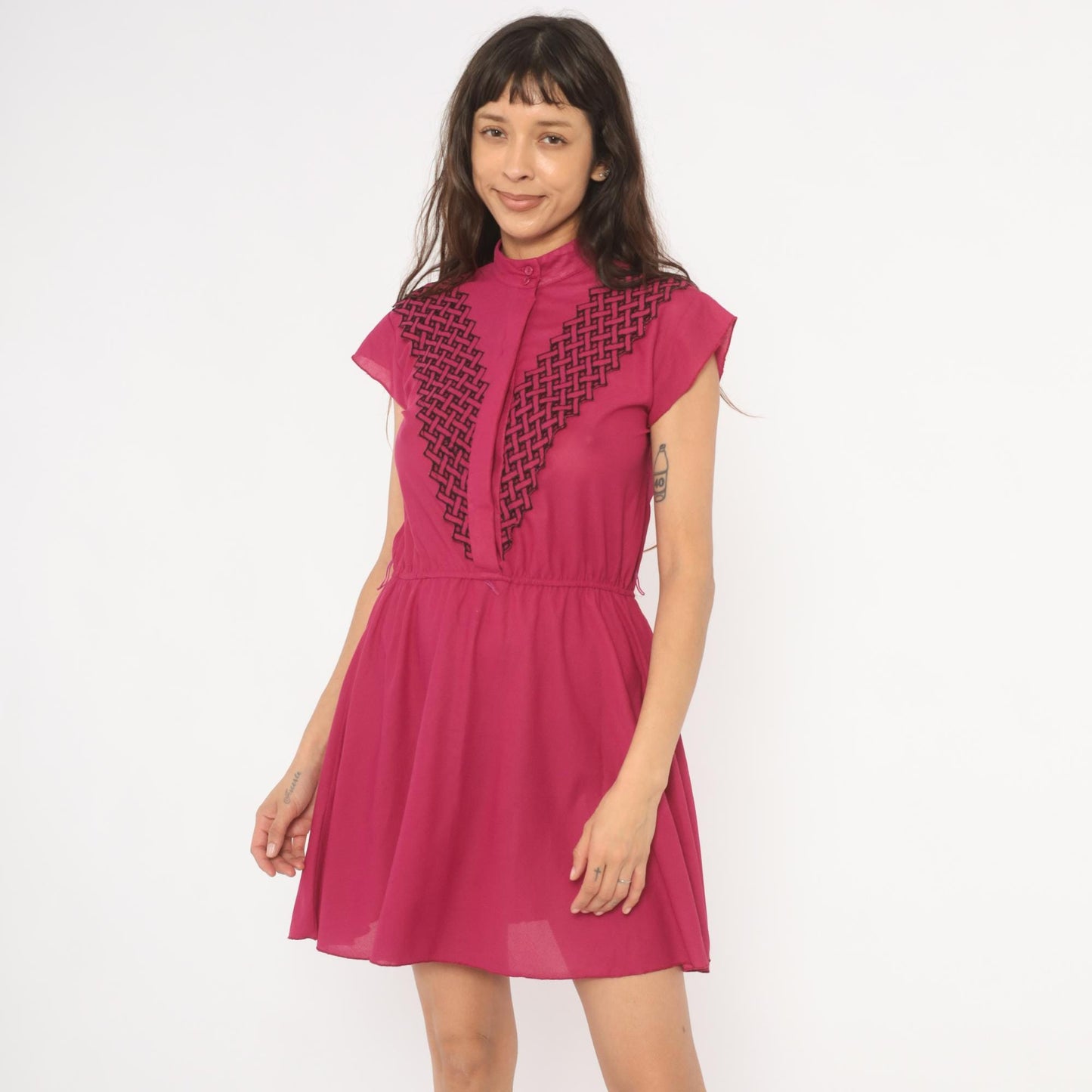 80s Good News from California Fuchsia Mini Dress Mandarin Collar Geometric Embroidery Small S