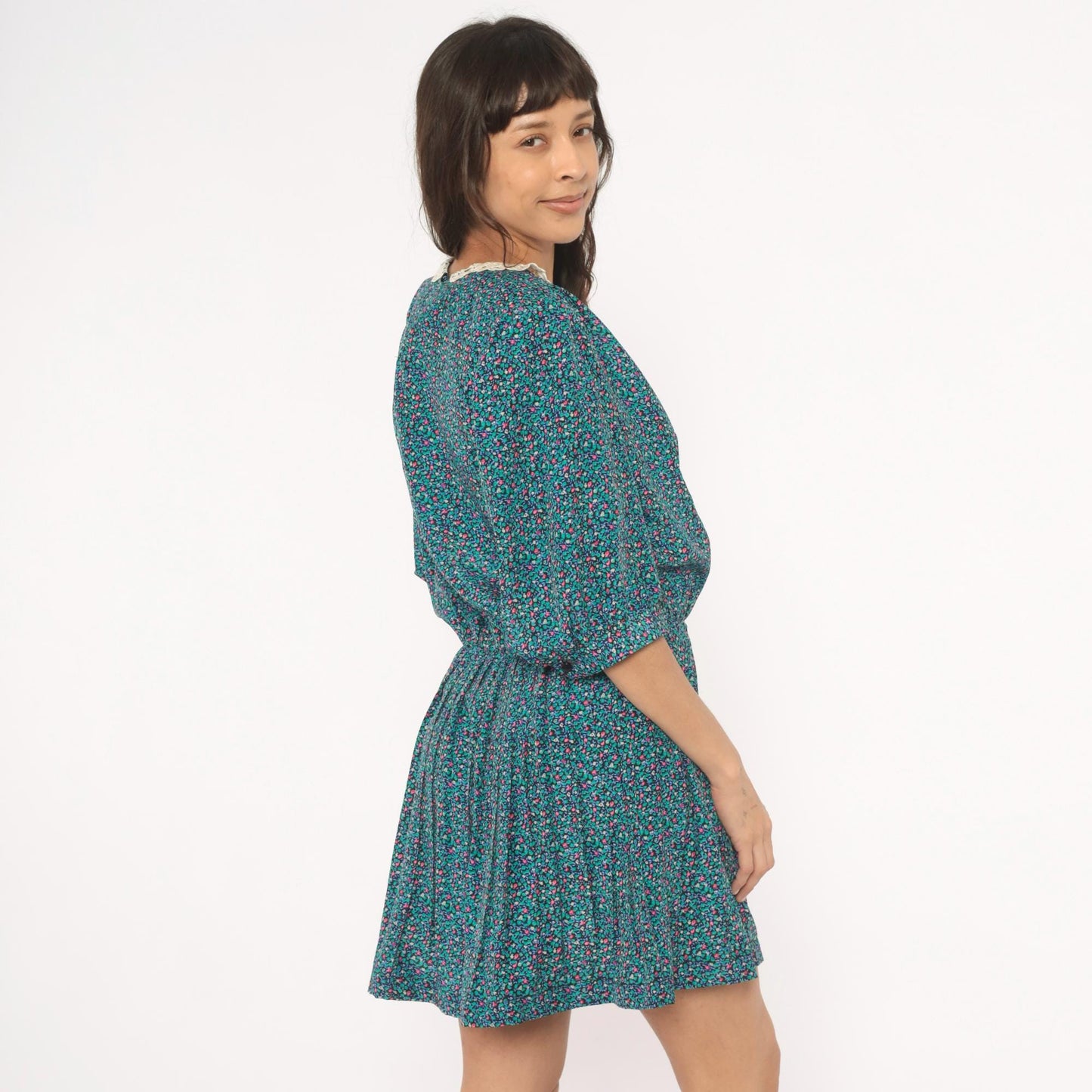 80s Brelli Originals Ditsy Floral Mini Dress Puff Sleeve Peter Pan Collar Large L