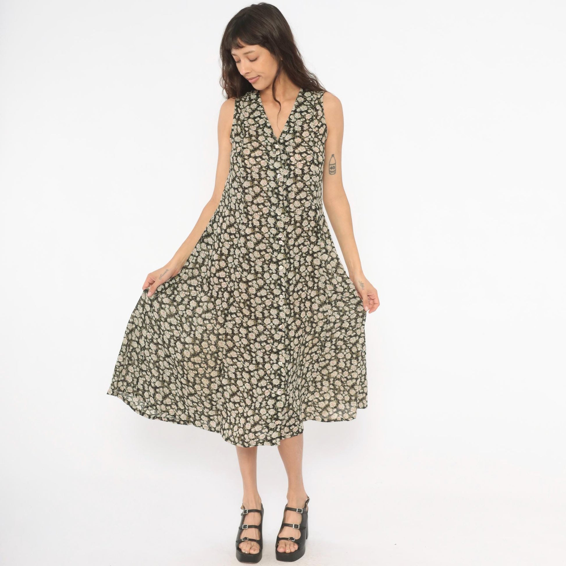90s Express Floral Midi Dress V-Neck Black Cream Rose Print Size 9