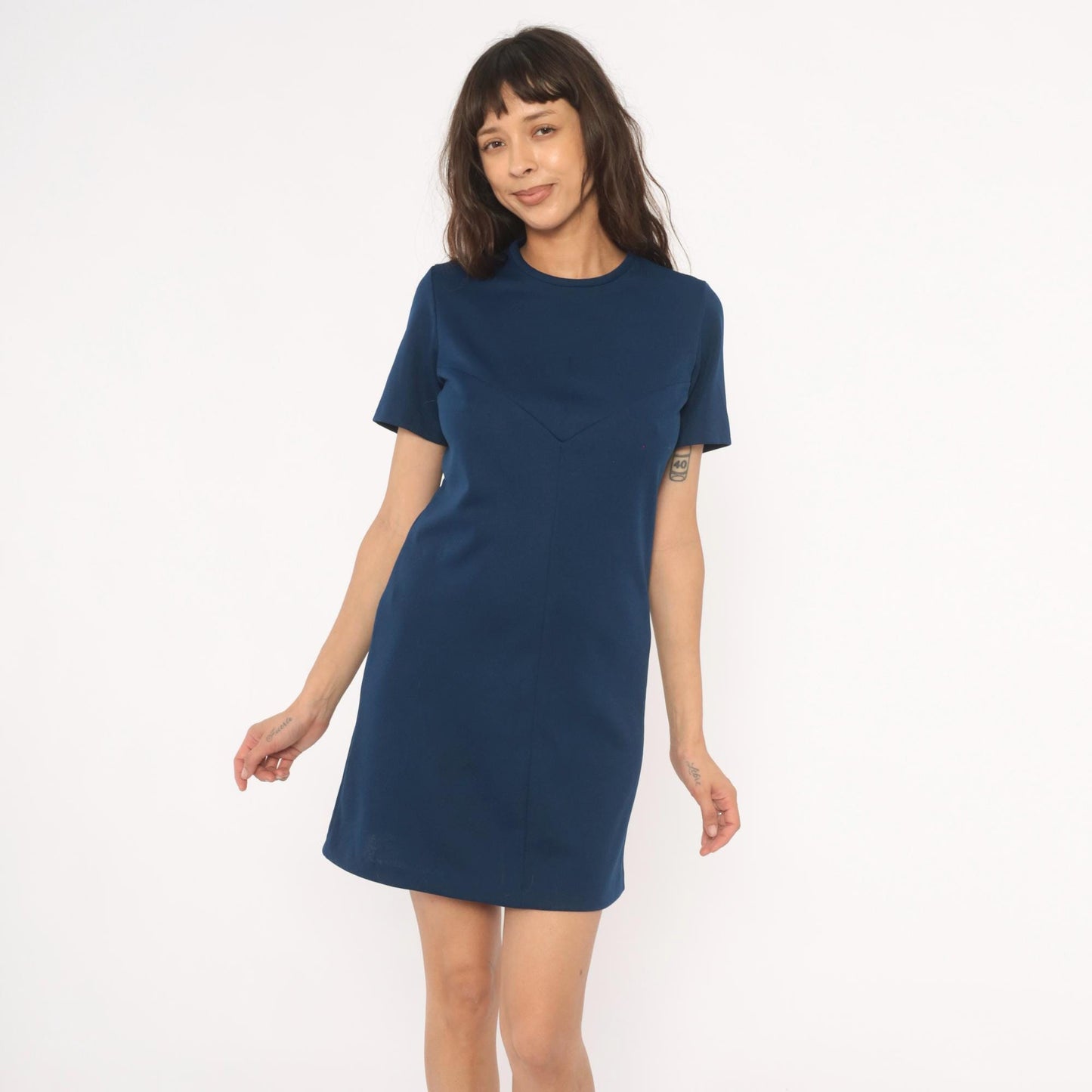70s Navy Shift Dress Mini A-Line Short Sleeve Crew Neck Sears Knit Small S