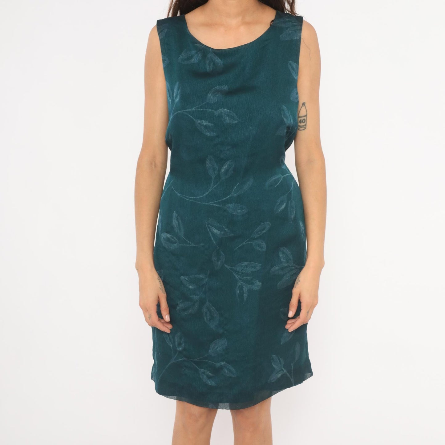 90s Norton Teal Leaf Print Sleeveless Sheath Dress Knee Length Large L