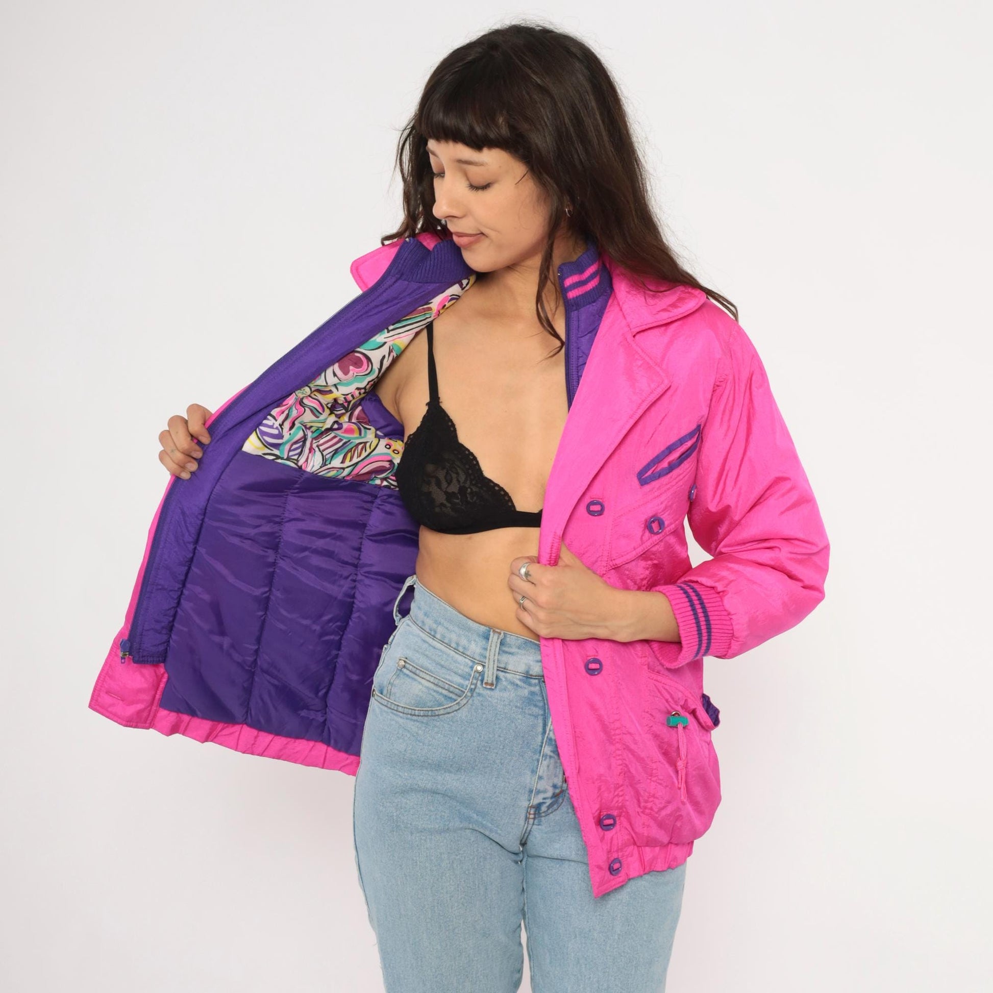 90s Survival Club Hot Pink Nylon Windbreaker Double Breasted Purple Lined XS