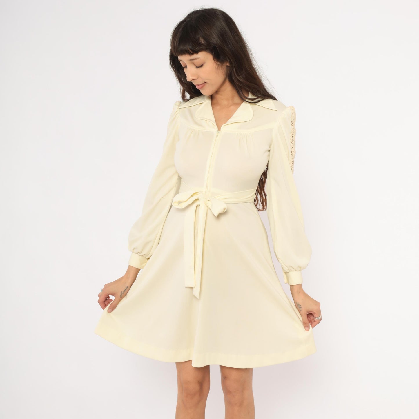 70s Cream Zip-Front Mini Dress Bishop Sleeve Crochet Lace Small S