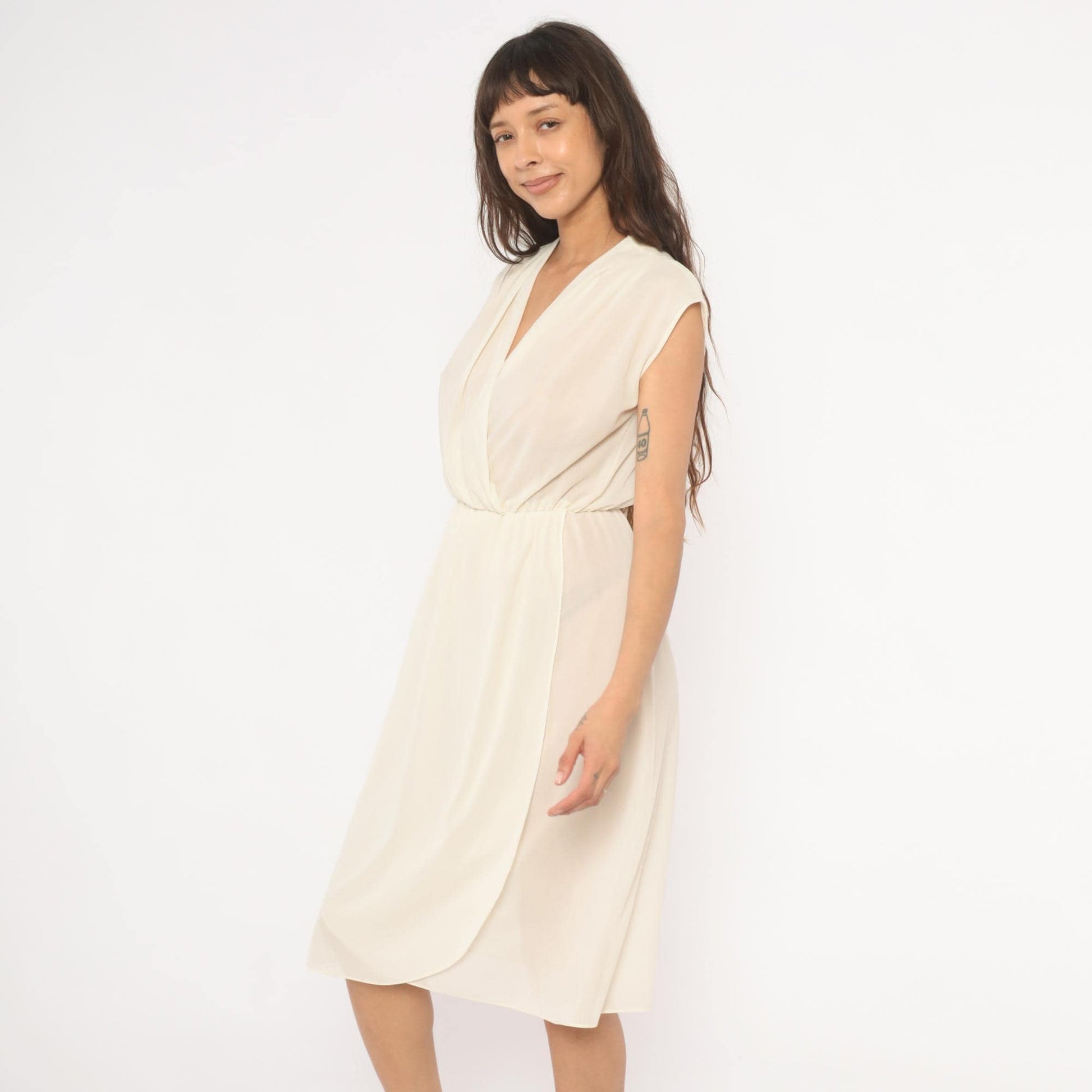 70s Oops Cream Wrap Dress V-Neck Cap Sleeve Midi Ivory Small S