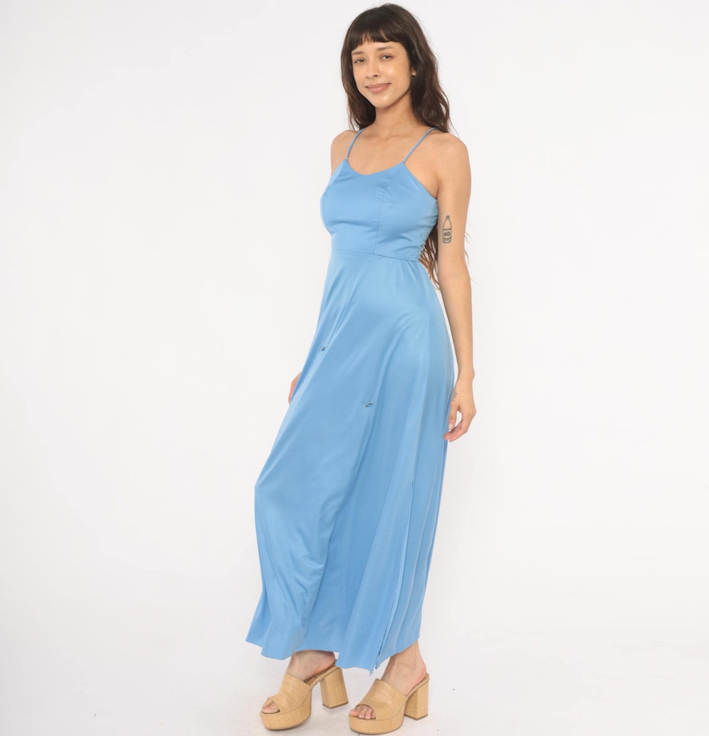 70s Sky Blue Maxi Dress Spaghetti Strap Rosette Detail Side Slit Extra Small XS