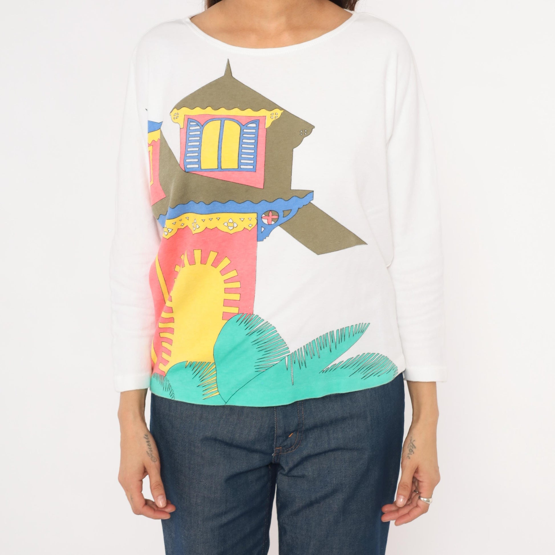 90s Tony Lambert Tropical House Cotton Graphic Tee Boat Neck Medium M