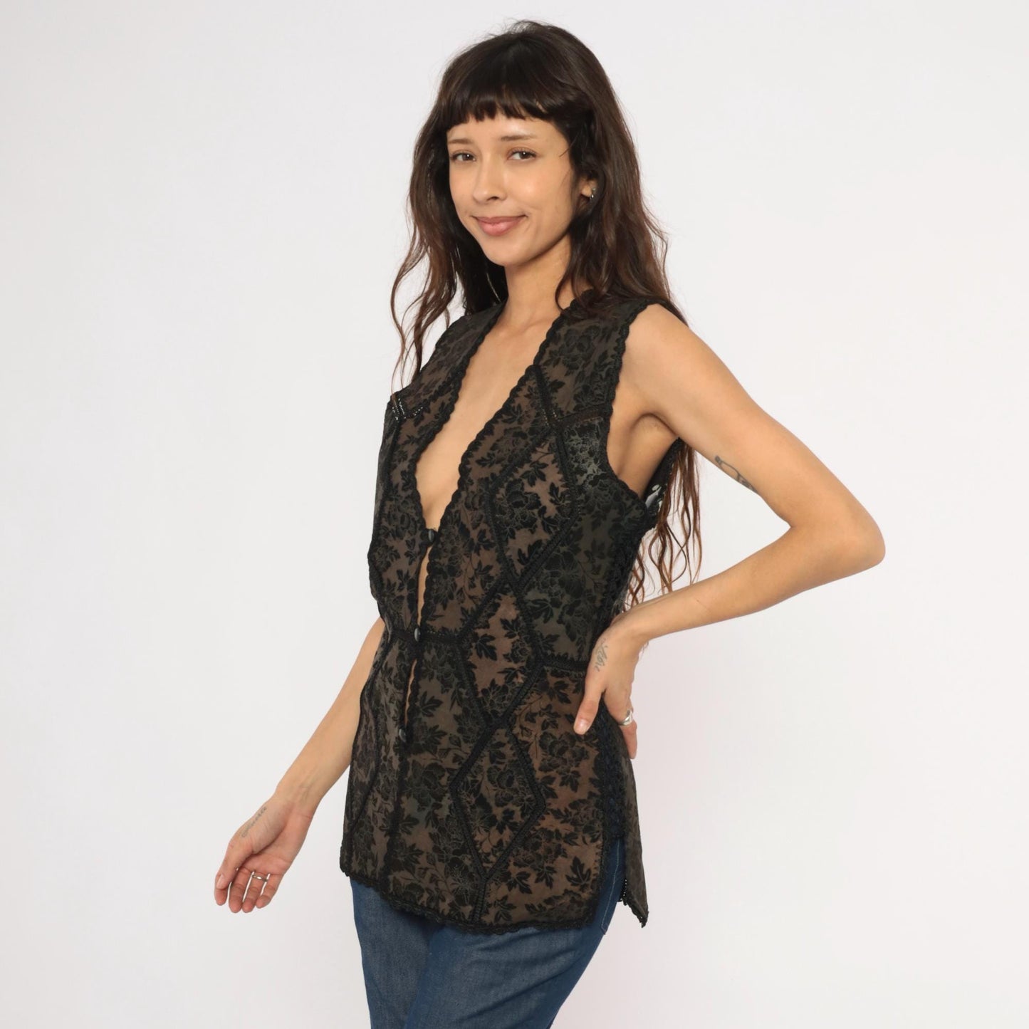 90s Reversible Black Suede Lace Vest Floral Crochet Trim Medium M