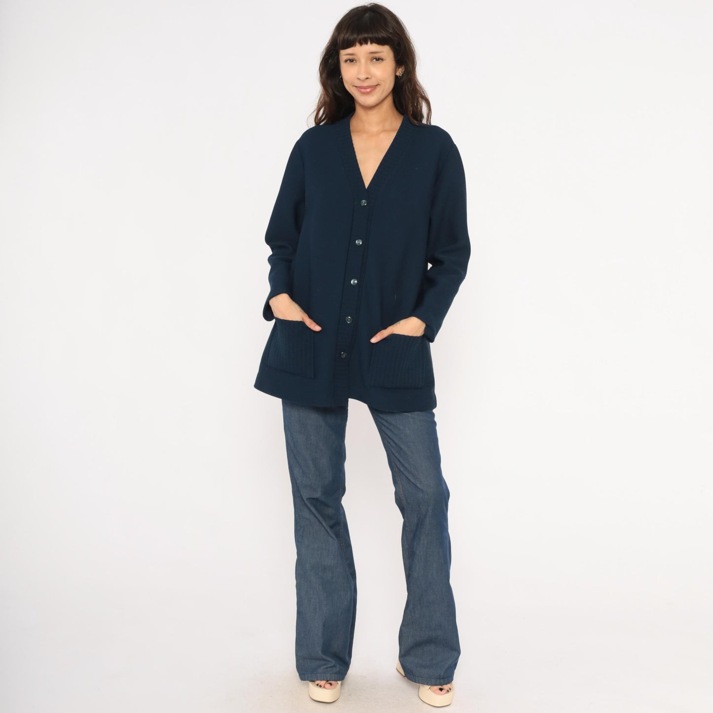 70s Navy Button Front Cardigan V Neck Knit Sweater Patch Pocket Large L