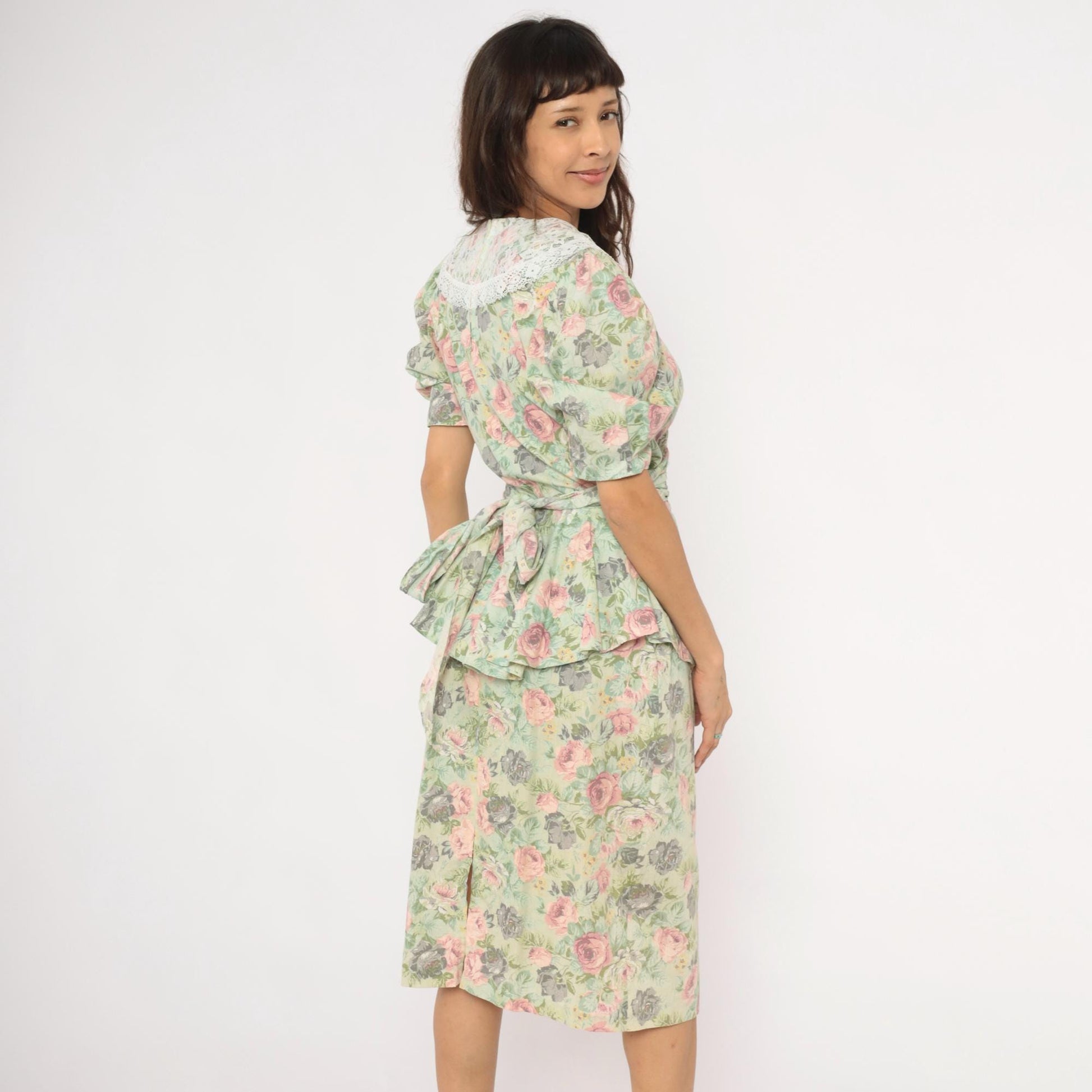 90s Sage Floral Peplum Dress Pink Rose Lace Collar Puff Sleeve Medium M