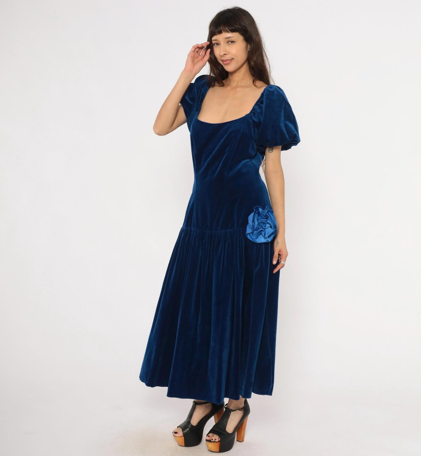 80s Bianchi Navy Velvet Maxi Gown Puff Sleeve Drop Waist Rosette Large L