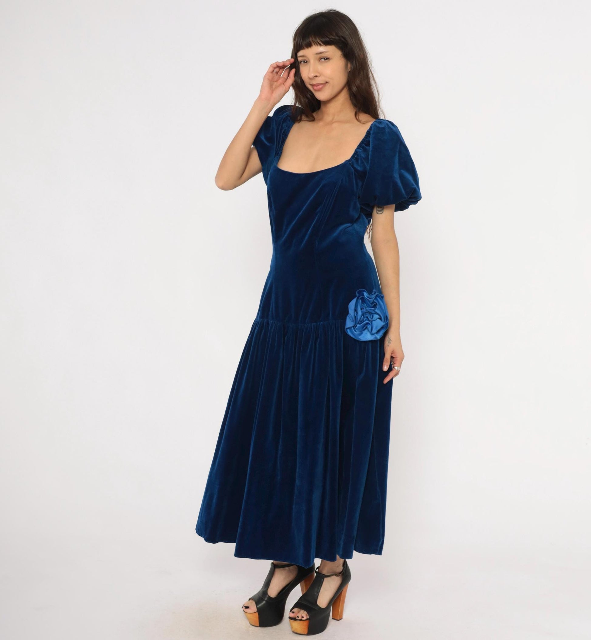 80s Bianchi Navy Velvet Maxi Gown Puff Sleeve Drop Waist Rosette Large L