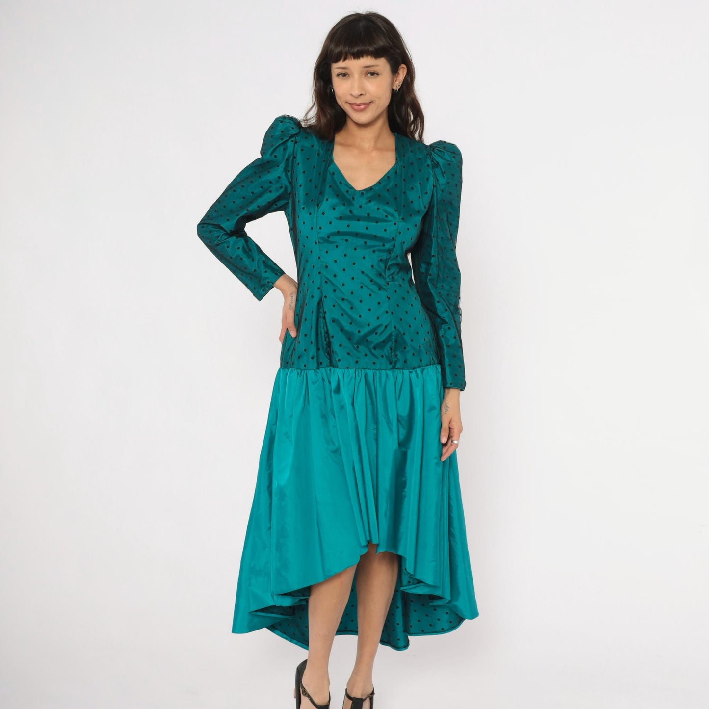 80s Milt Russell Original Teal Polka Dot Puff Sleeve Gown High-Low Medium M