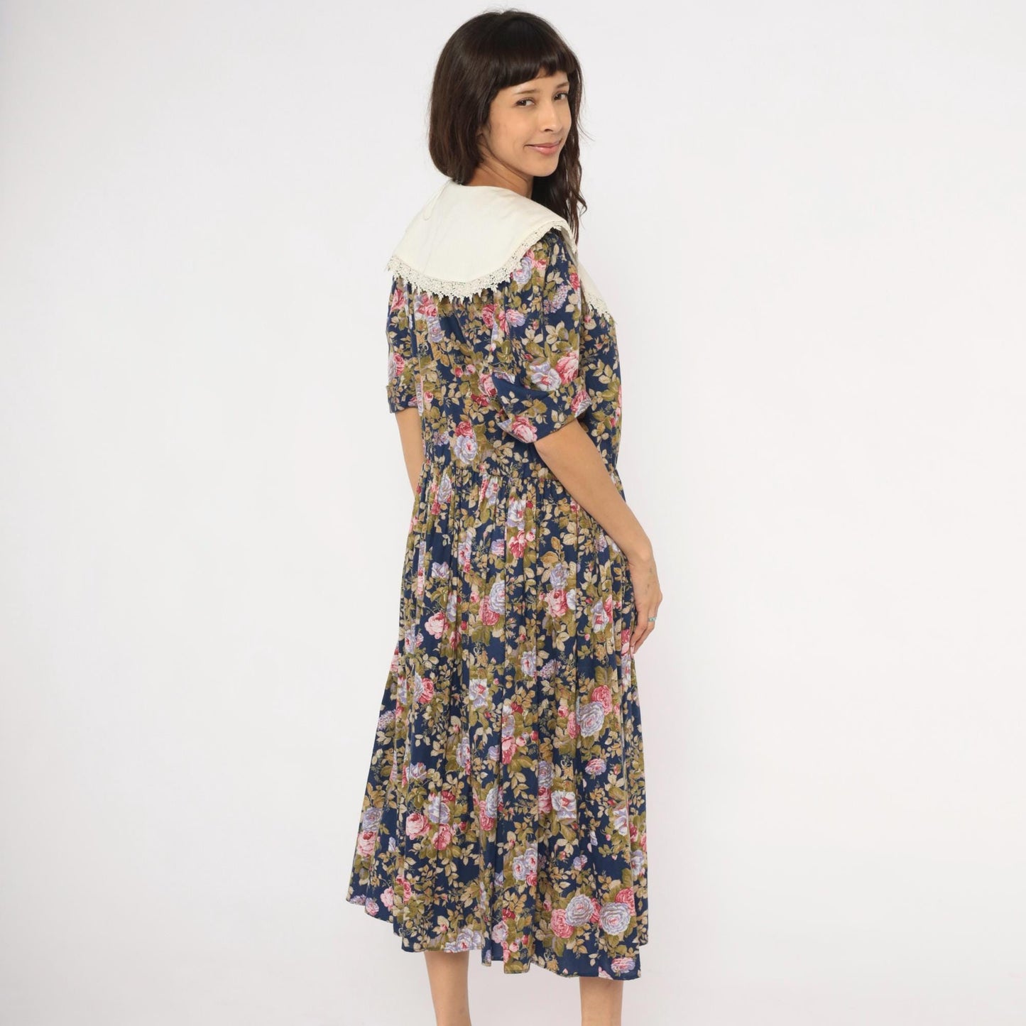 80s Tina Barri Floral Midi Dress Navy Rose Lace Collar Short Sleeve Extra Large