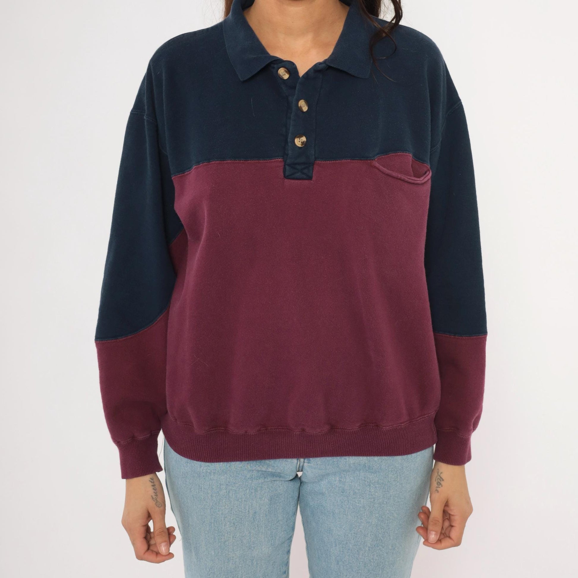 90s Werguard Color Block Polo Sweatshirt Navy Burgundy Cotton Medium M