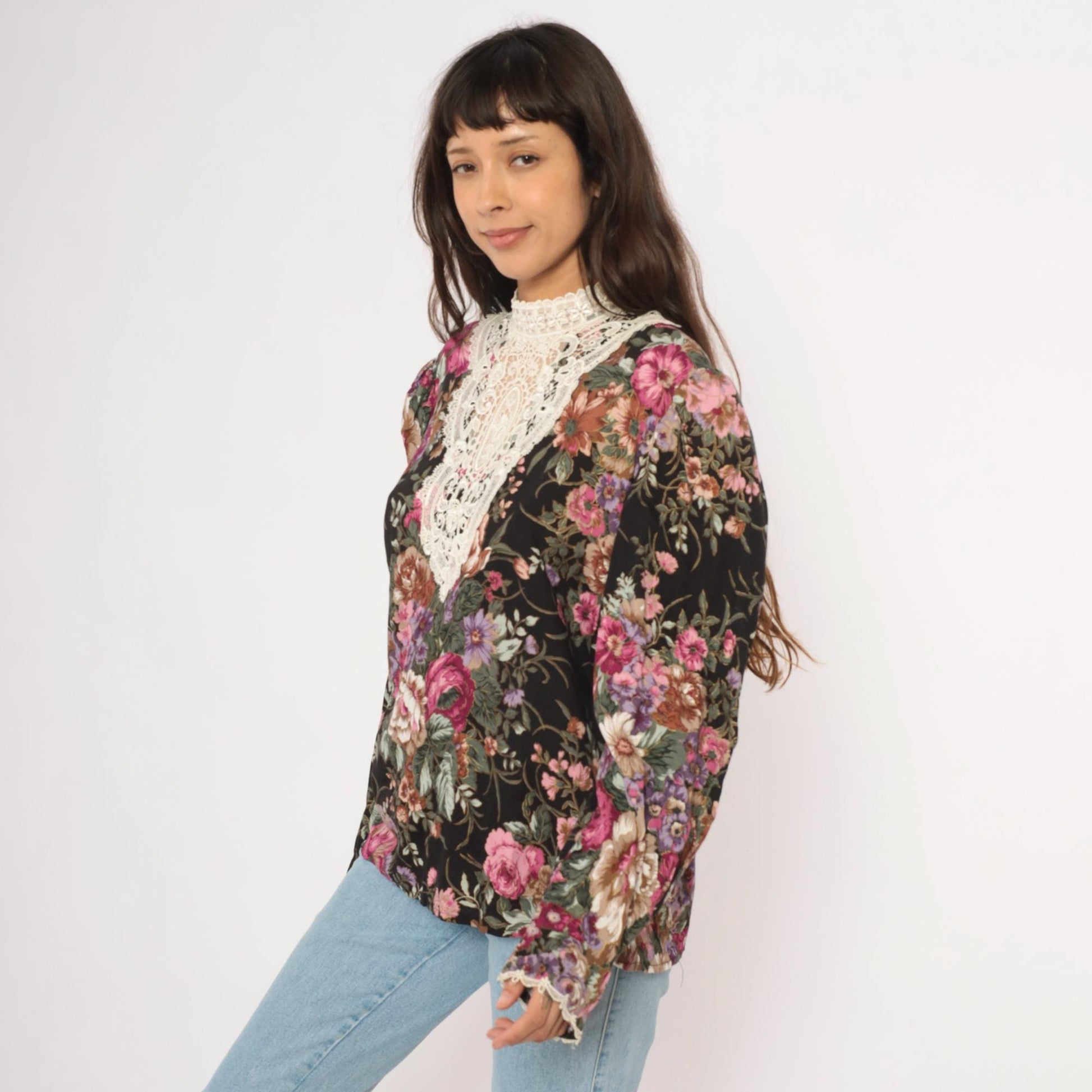 90s Scott McClintock Black Floral Blouse Lace Bib Puff Sleeve Extra Large XL